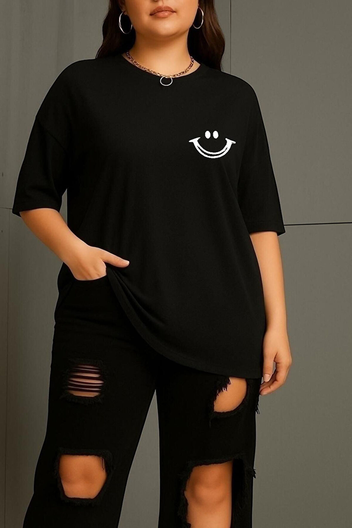 Büyük Beden Gülücük Baskılı Unisex Oversize Tişört