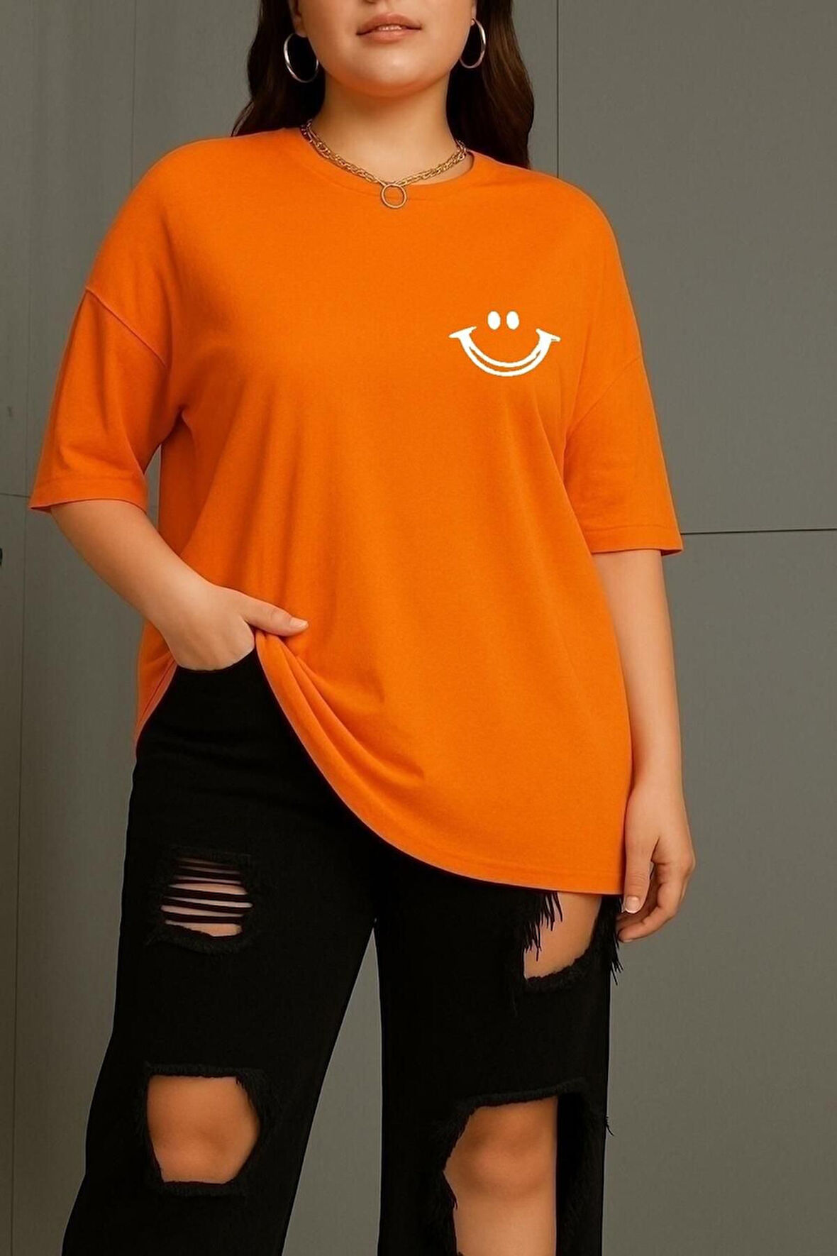Büyük Beden Gülücük Baskılı Unisex Oversize Tişört