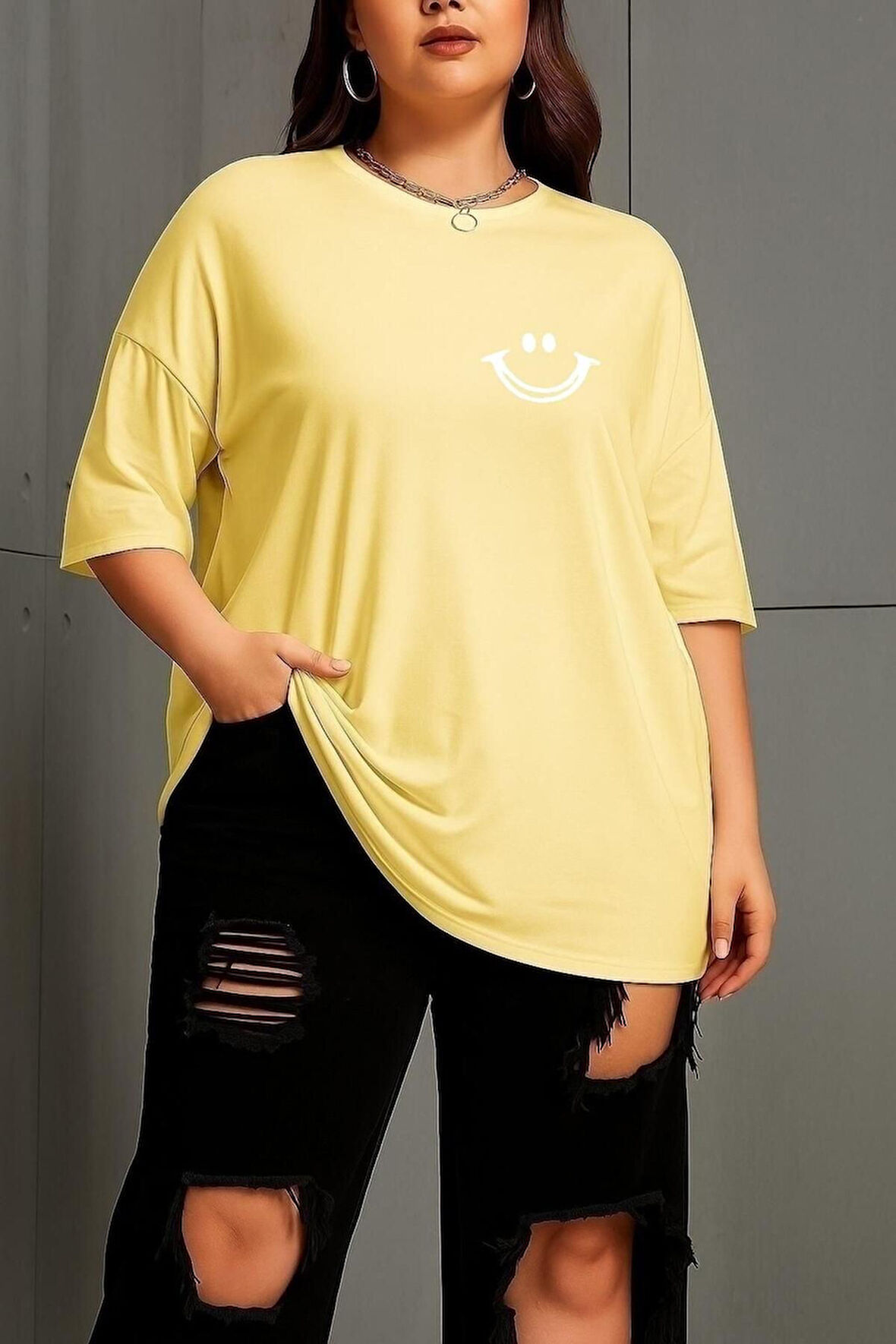 Büyük Beden Gülücük Baskılı Unisex Oversize Tişört