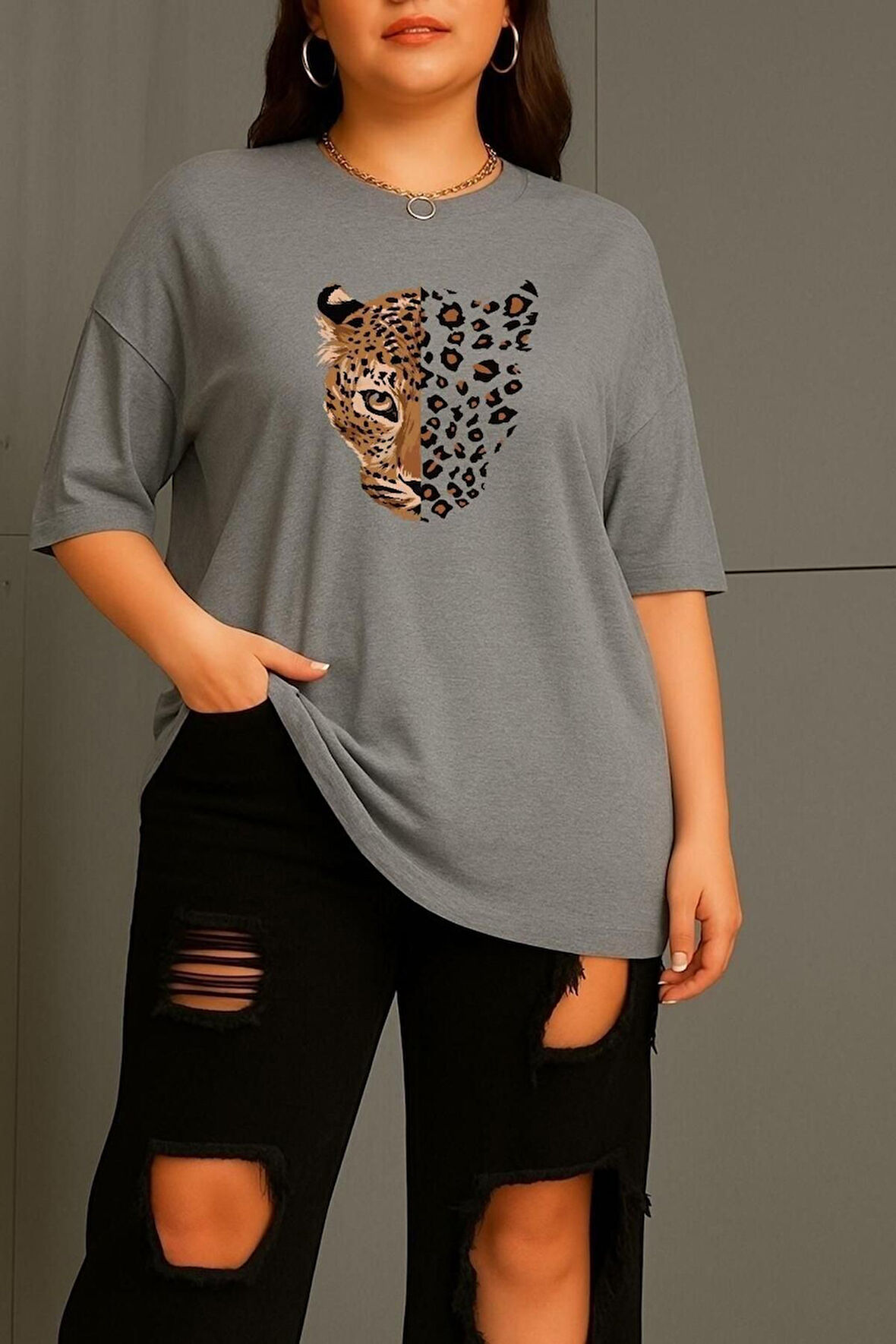 Büyük Beden Leopar Aslan Baskılı Unisex Oversize Tişört