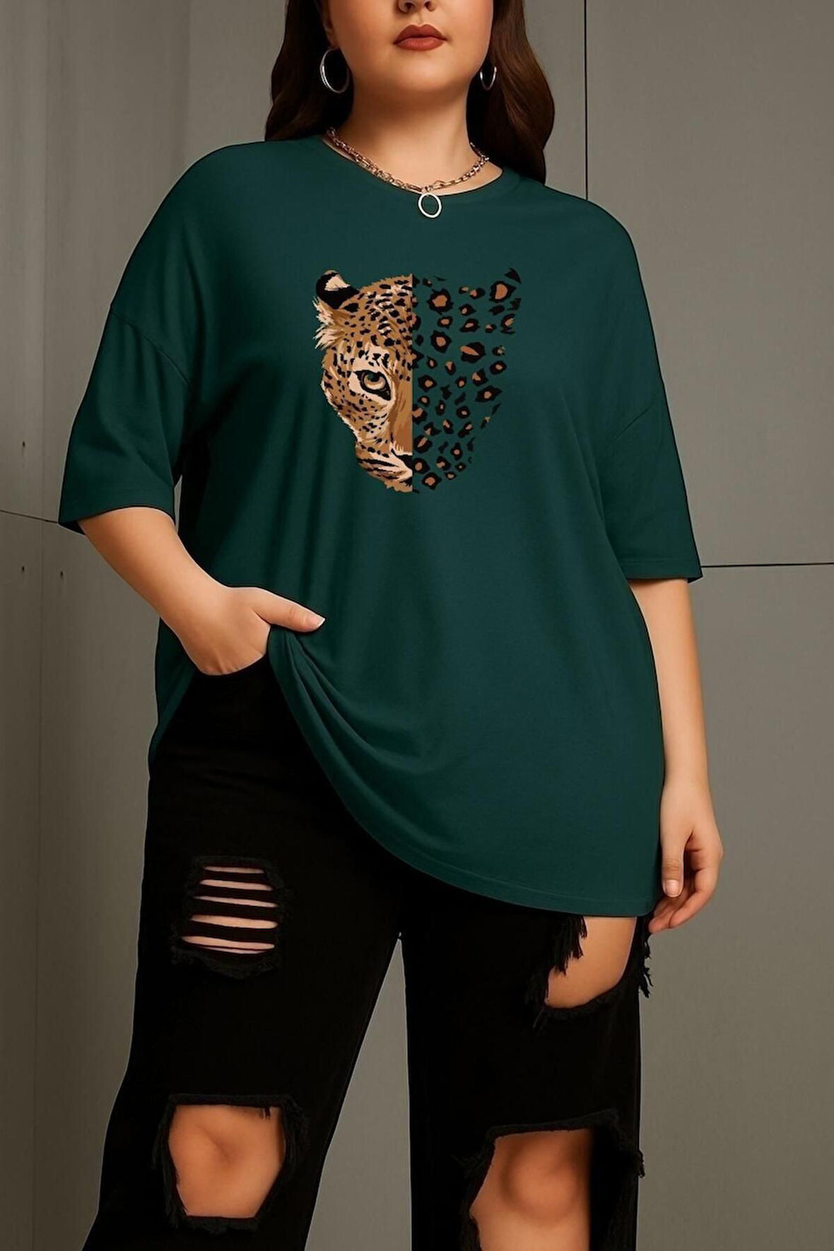 Büyük Beden Leopar Aslan Baskılı Unisex Oversize Tişört