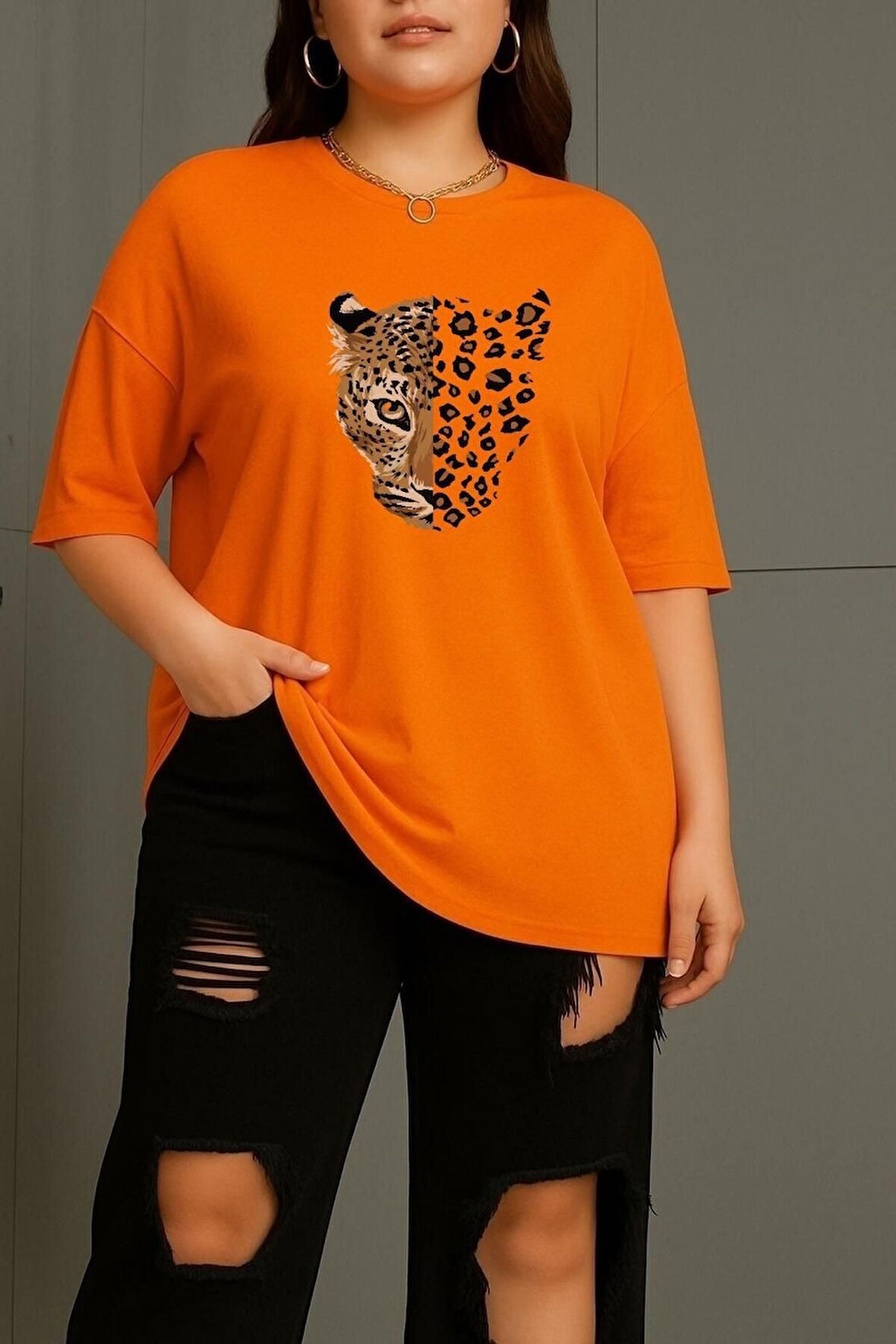 Büyük Beden Leopar Aslan Baskılı Unisex Oversize Tişört