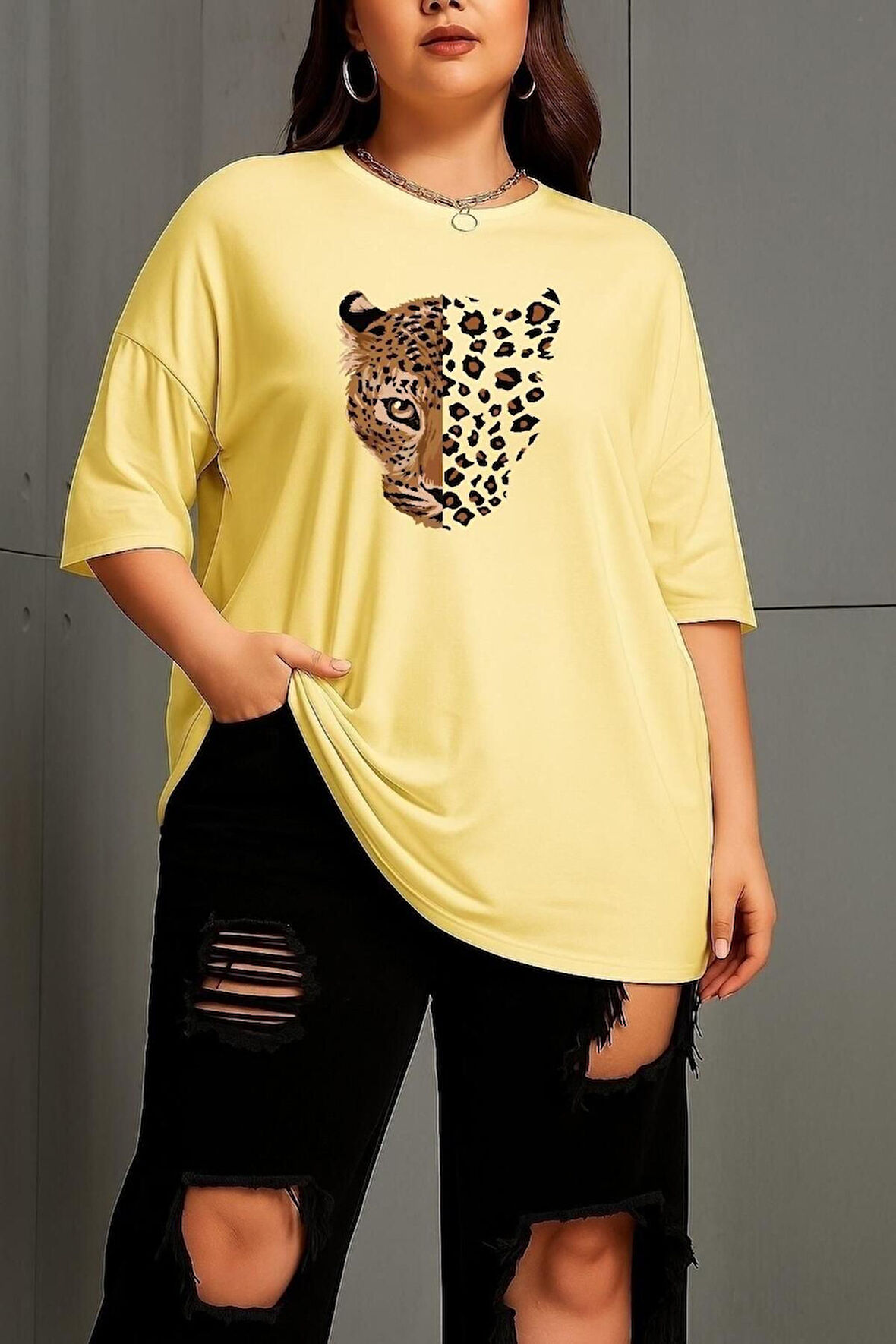 Büyük Beden Leopar Aslan Baskılı Unisex Oversize Tişört