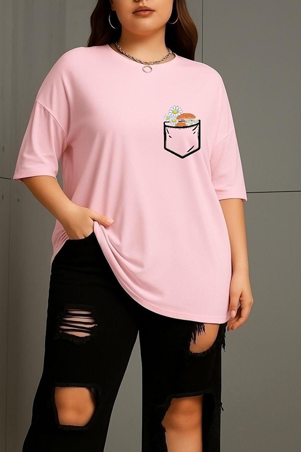 Büyük Beden Cep Çiçek Baskılı Unisex Oversize Tişört