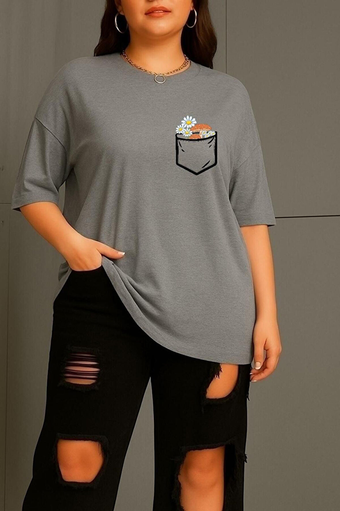 Büyük Beden Cep Çiçek Baskılı Unisex Oversize Tişört