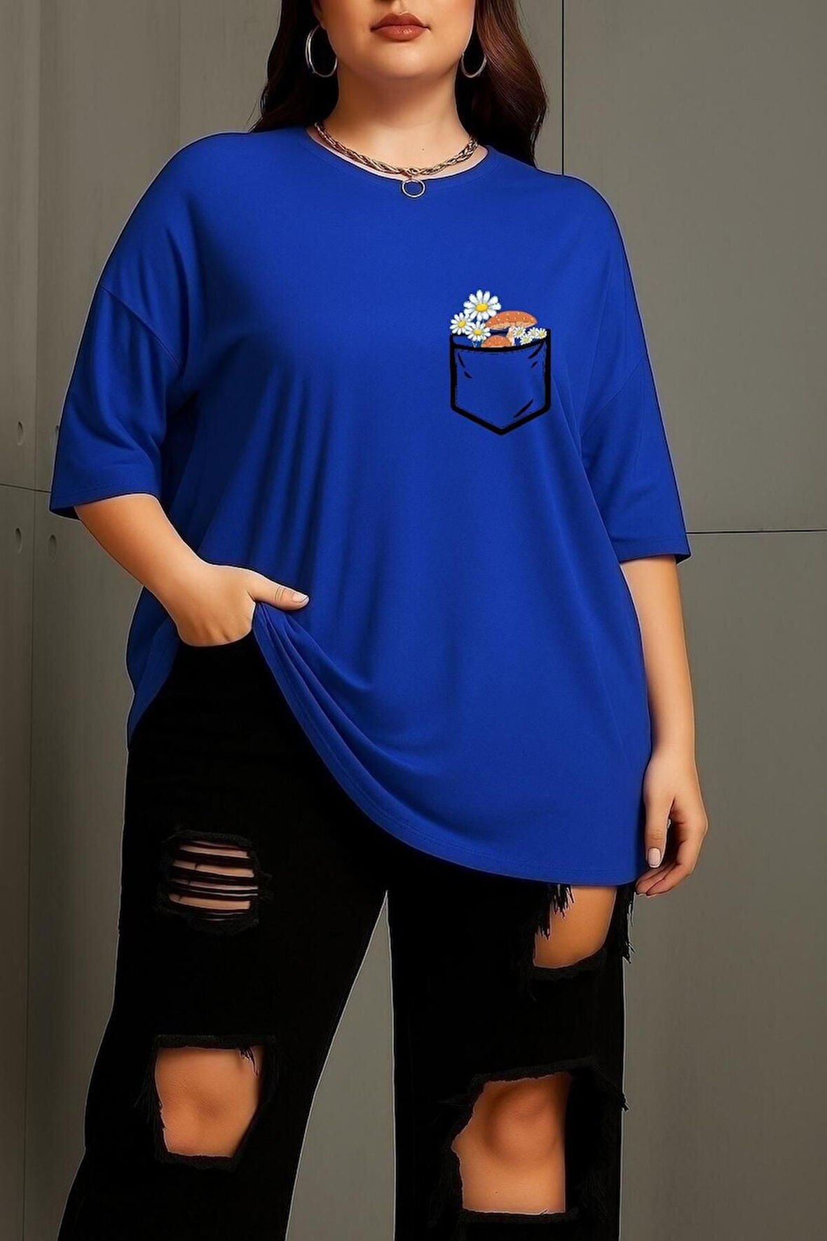 Büyük Beden Cep Çiçek Baskılı Unisex Oversize Tişört