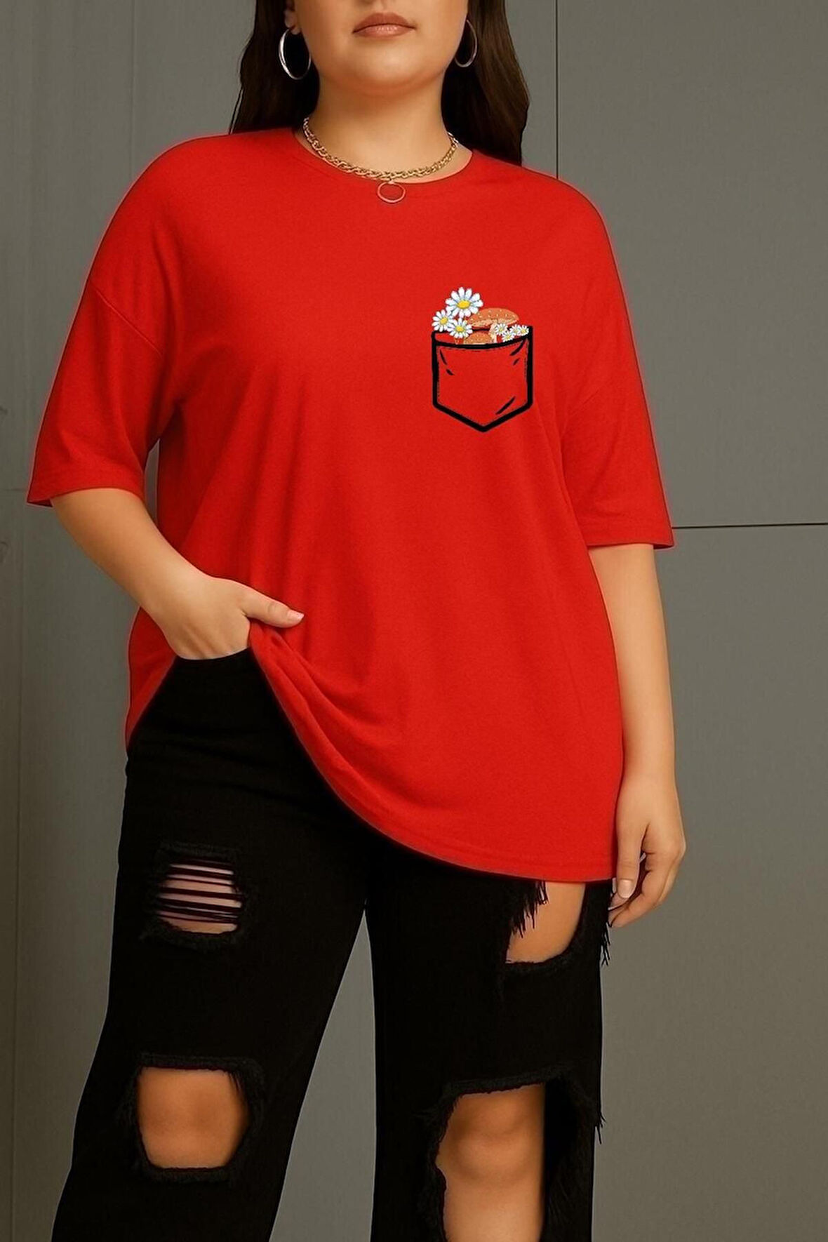 Büyük Beden Cep Çiçek Baskılı Unisex Oversize Tişört