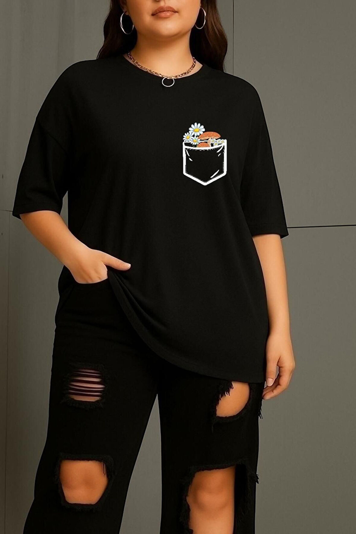 Büyük Beden Cep Çiçek Baskılı Unisex Oversize Tişört