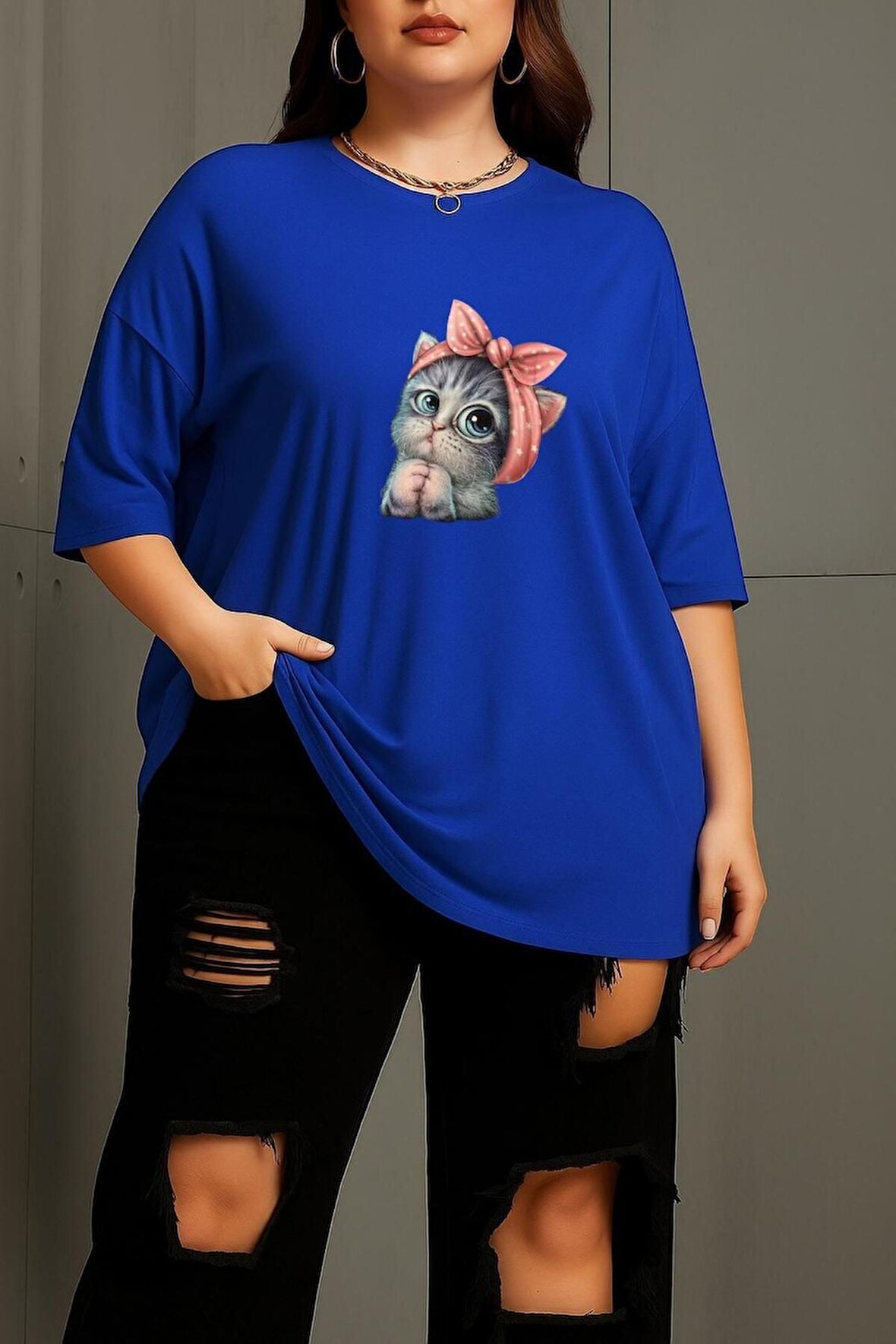 Büyük Beden Minnoş Kedi Baskılı Unisex Oversize Tişört