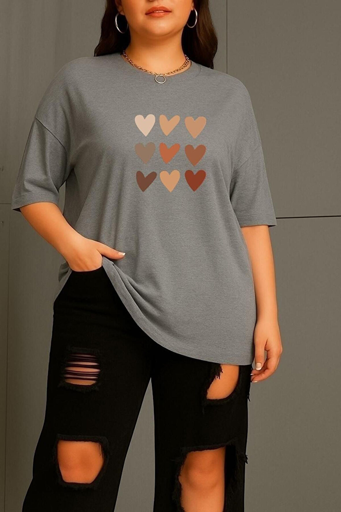 Büyük Beden Sıralı Kalpler Baskılı Unisex Oversize Tişört