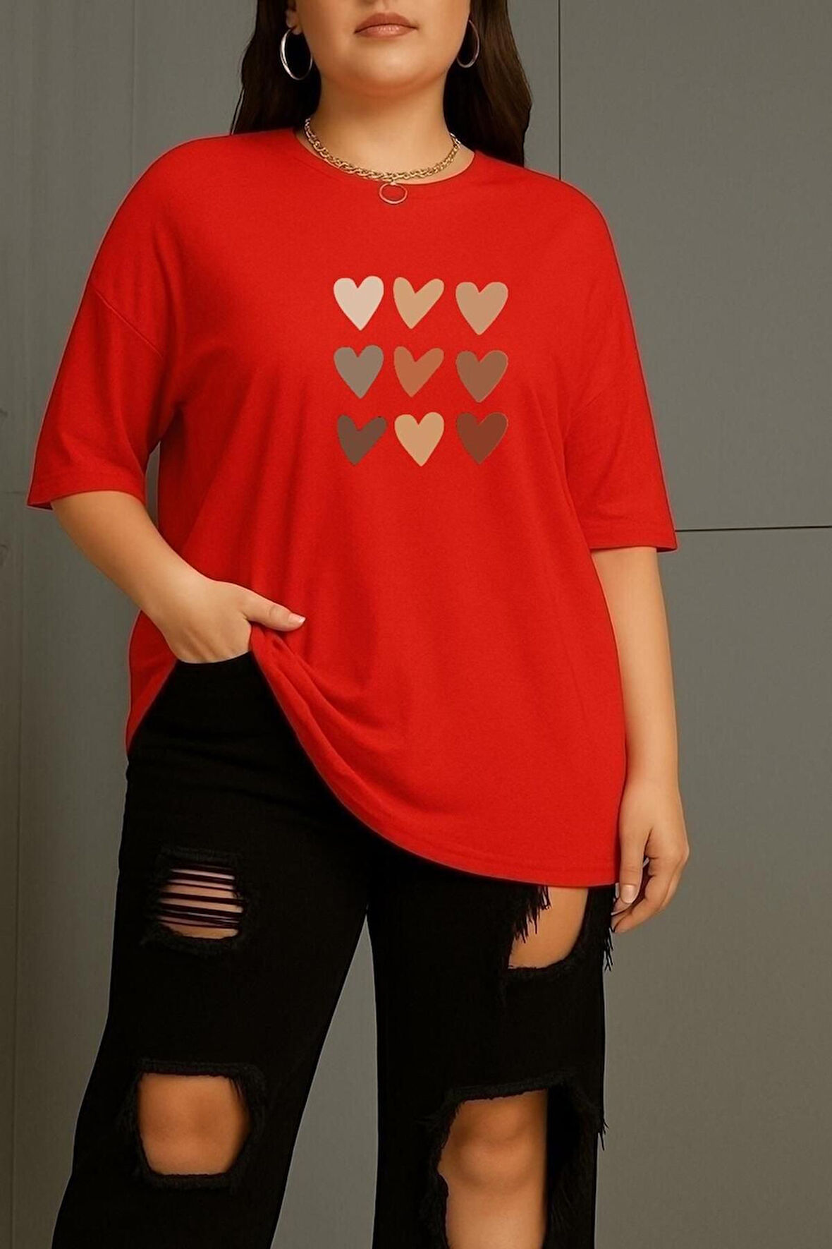Büyük Beden Sıralı Kalpler Baskılı Unisex Oversize Tişört