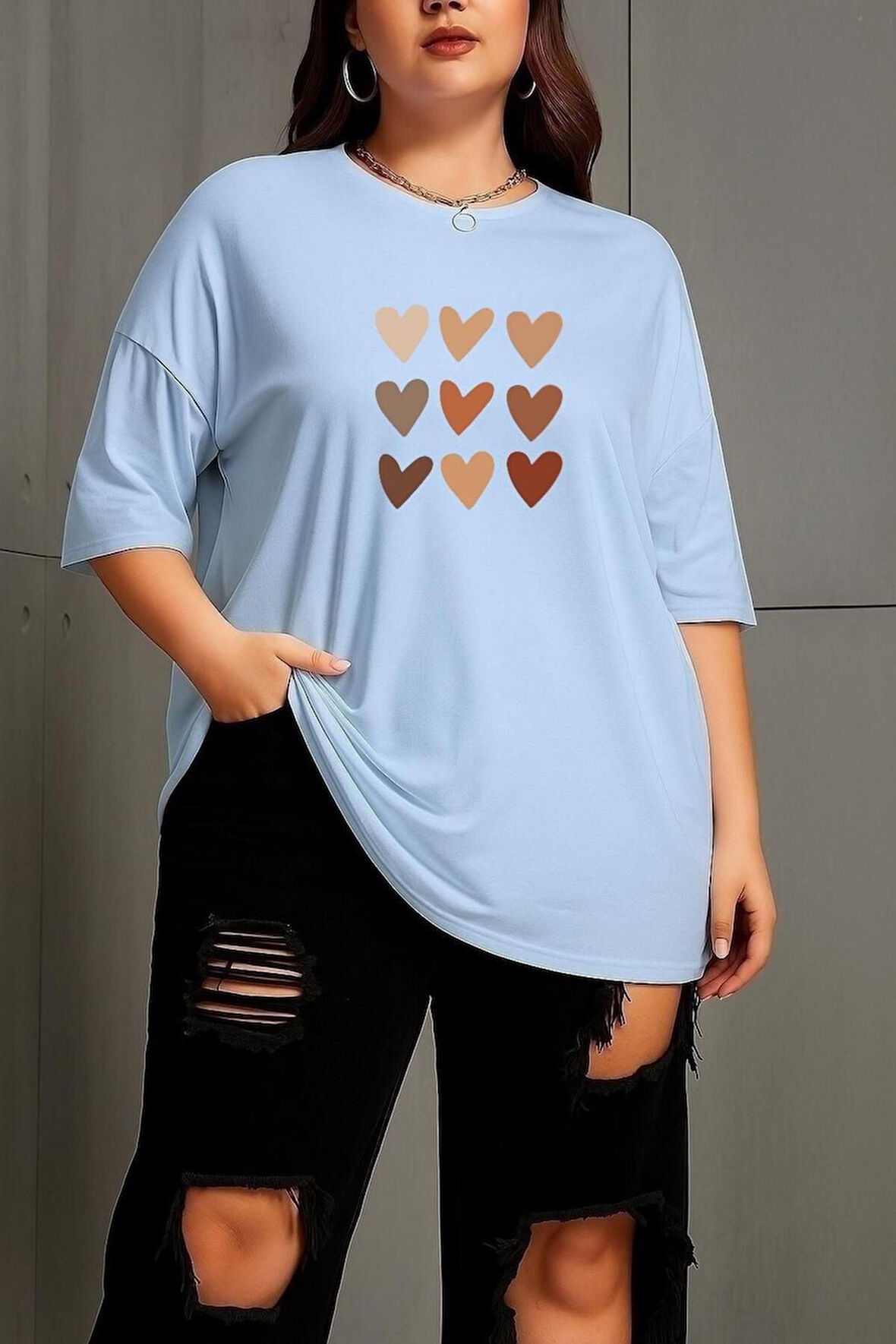 Büyük Beden Sıralı Kalpler Baskılı Unisex Oversize Tişört