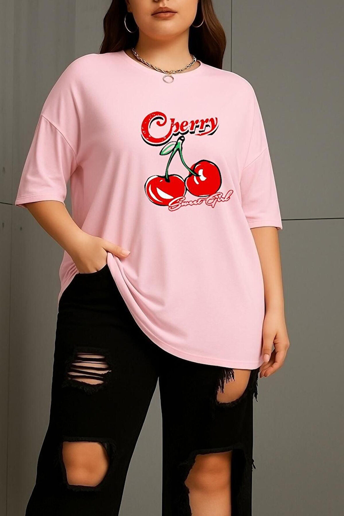 Büyük Beden Cherry Kiraz Baskılı Unisex Oversize Tişört
