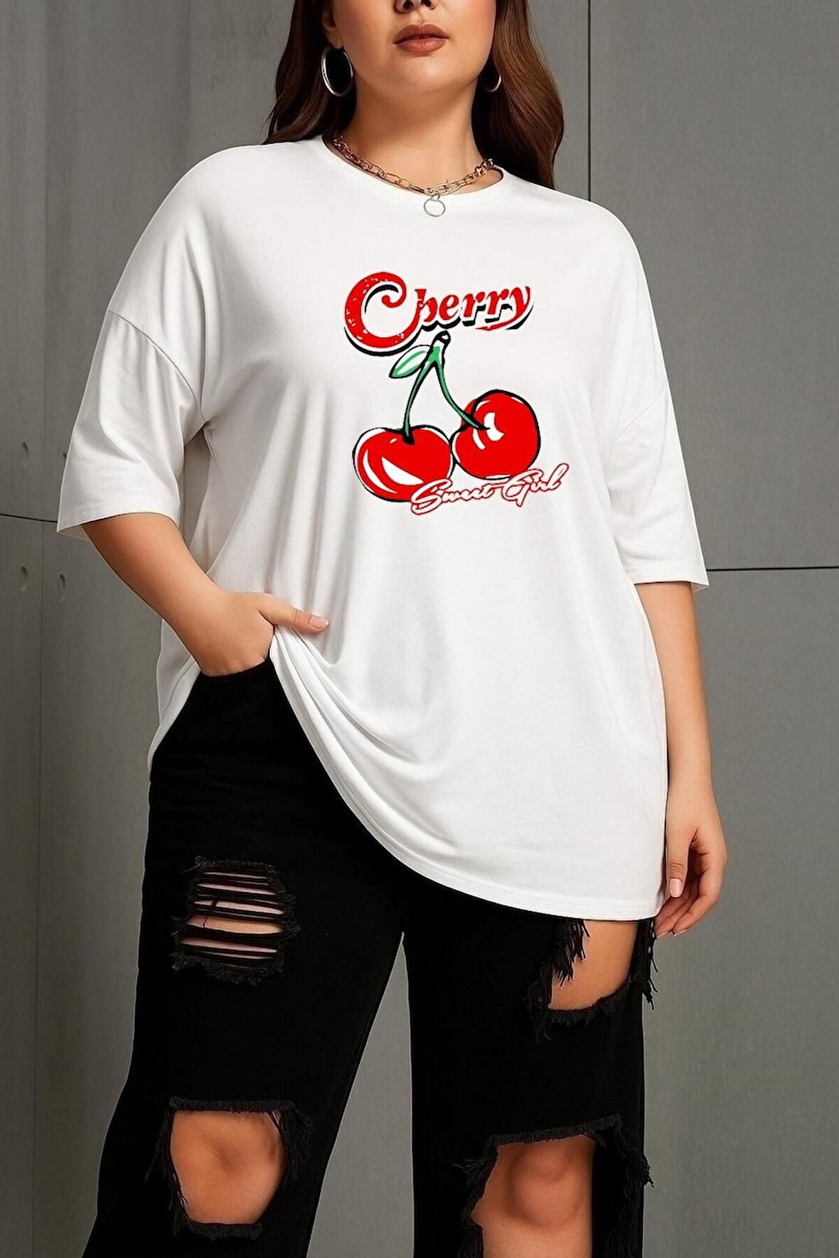 Büyük Beden Cherry Kiraz Baskılı Unisex Oversize Tişört