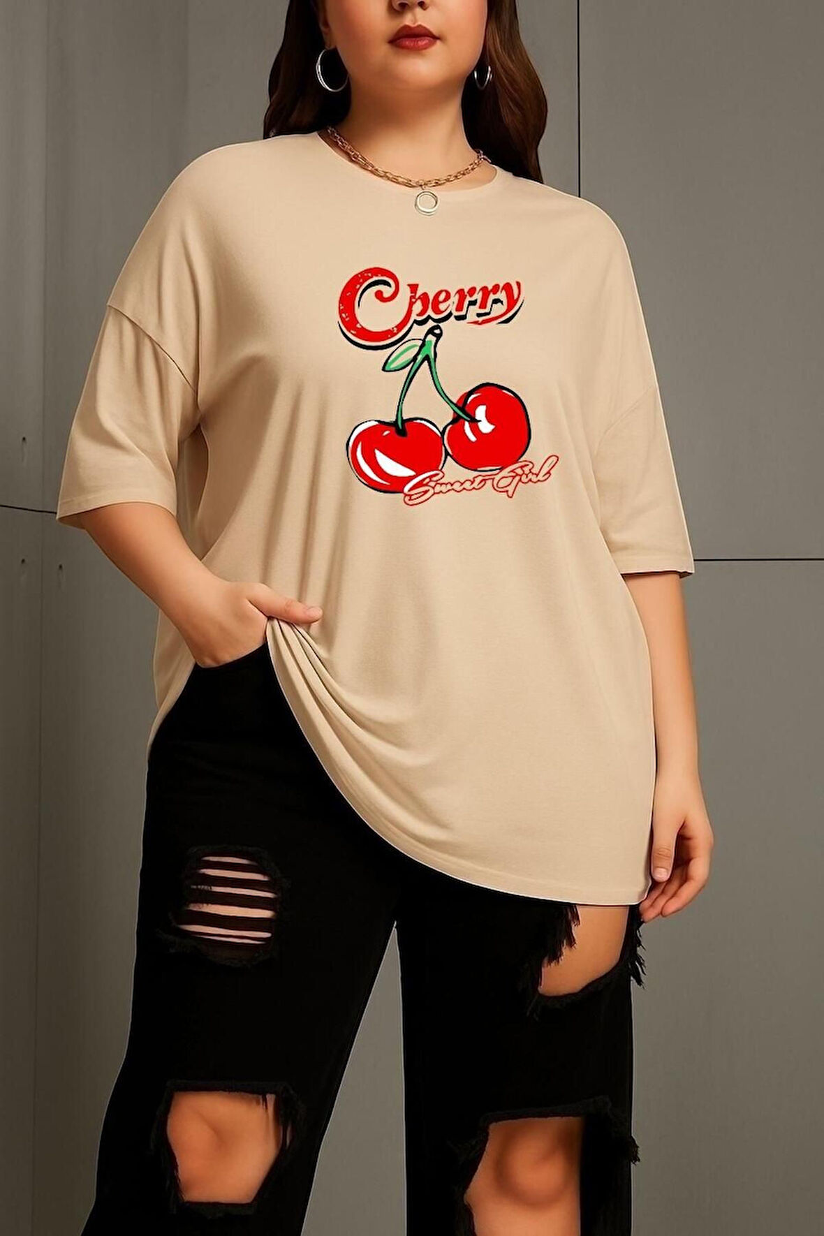 Büyük Beden Cherry Kiraz Baskılı Unisex Oversize Tişört