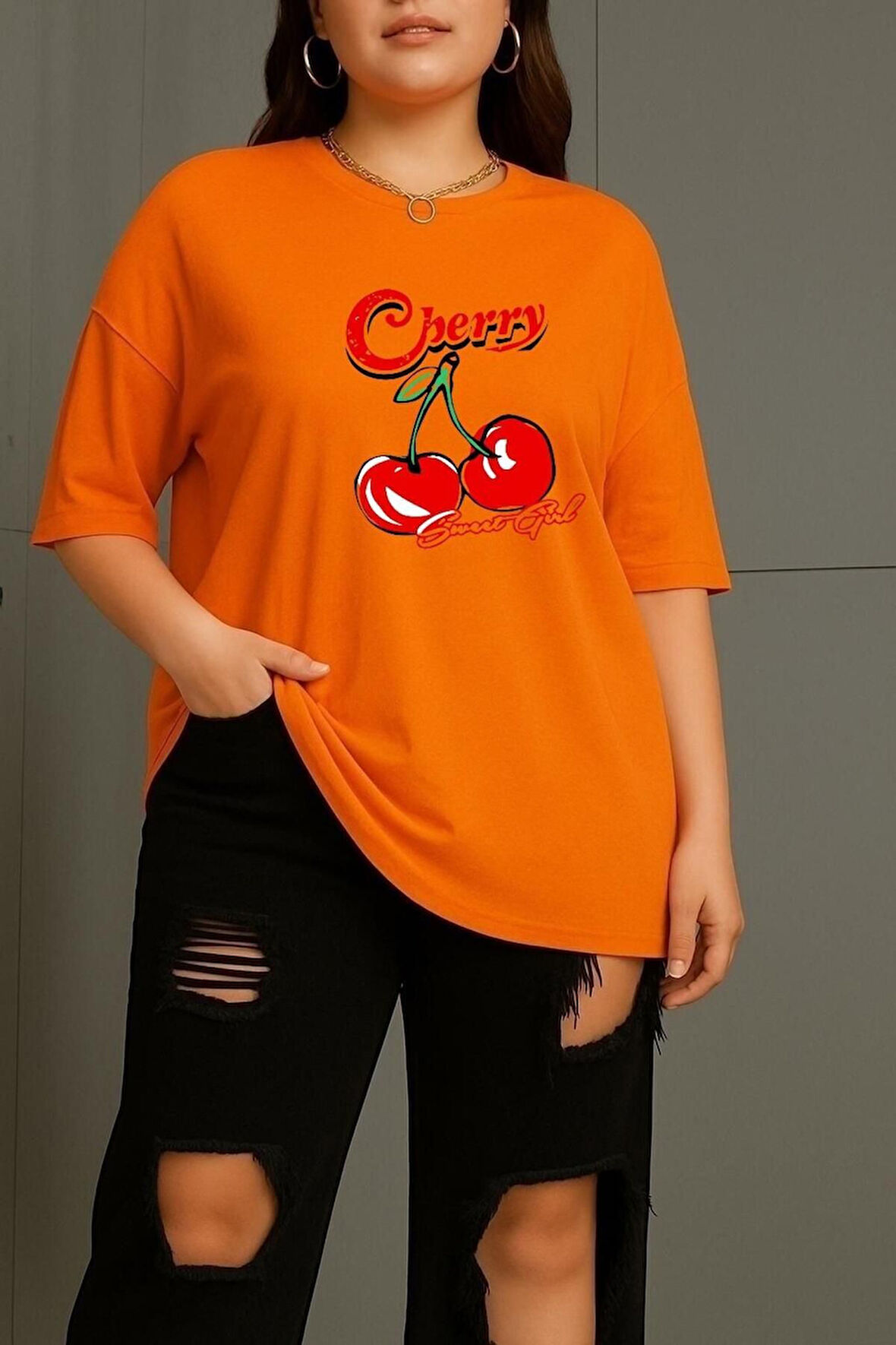 Büyük Beden Cherry Kiraz Baskılı Unisex Oversize Tişört