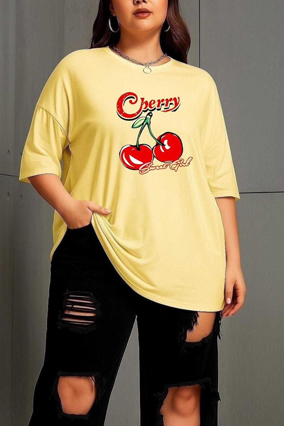 Büyük Beden Cherry Kiraz Baskılı Unisex Oversize Tişört