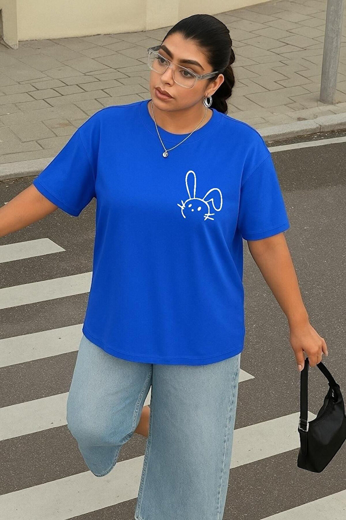 Büyük Beden Tavşan Baskılı Unisex Oversize Tişört