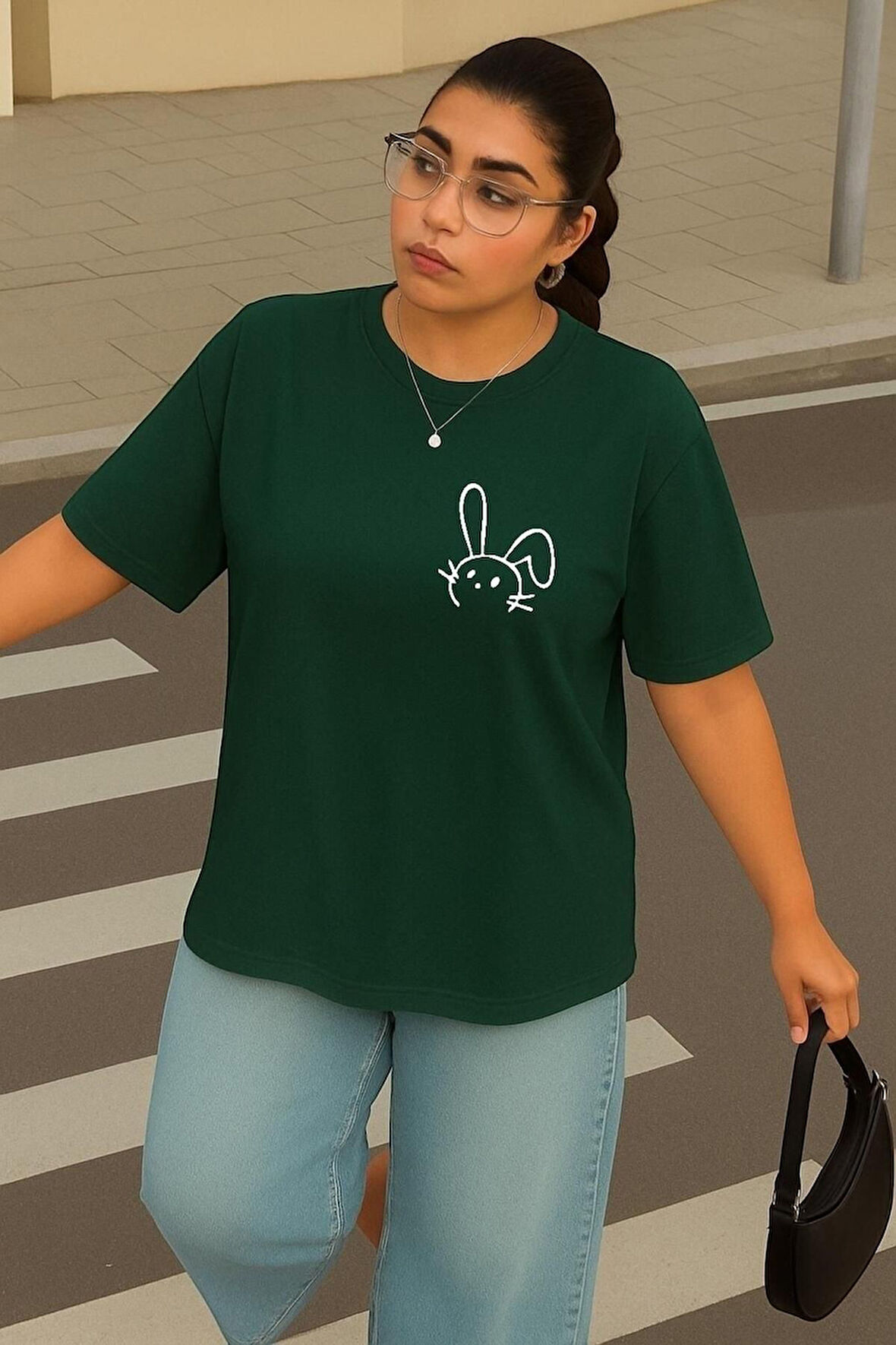 Büyük Beden Tavşan Baskılı Unisex Oversize Tişört