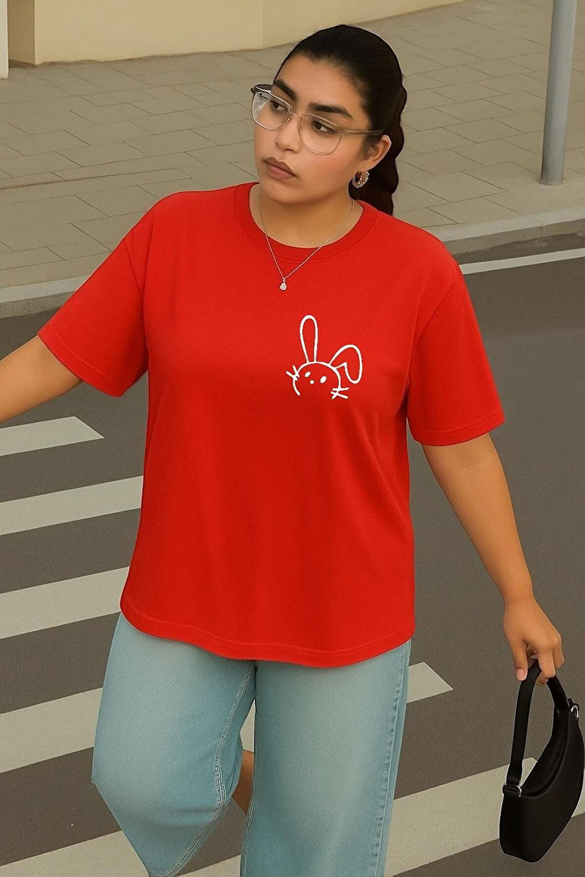 Büyük Beden Tavşan Baskılı Unisex Oversize Tişört