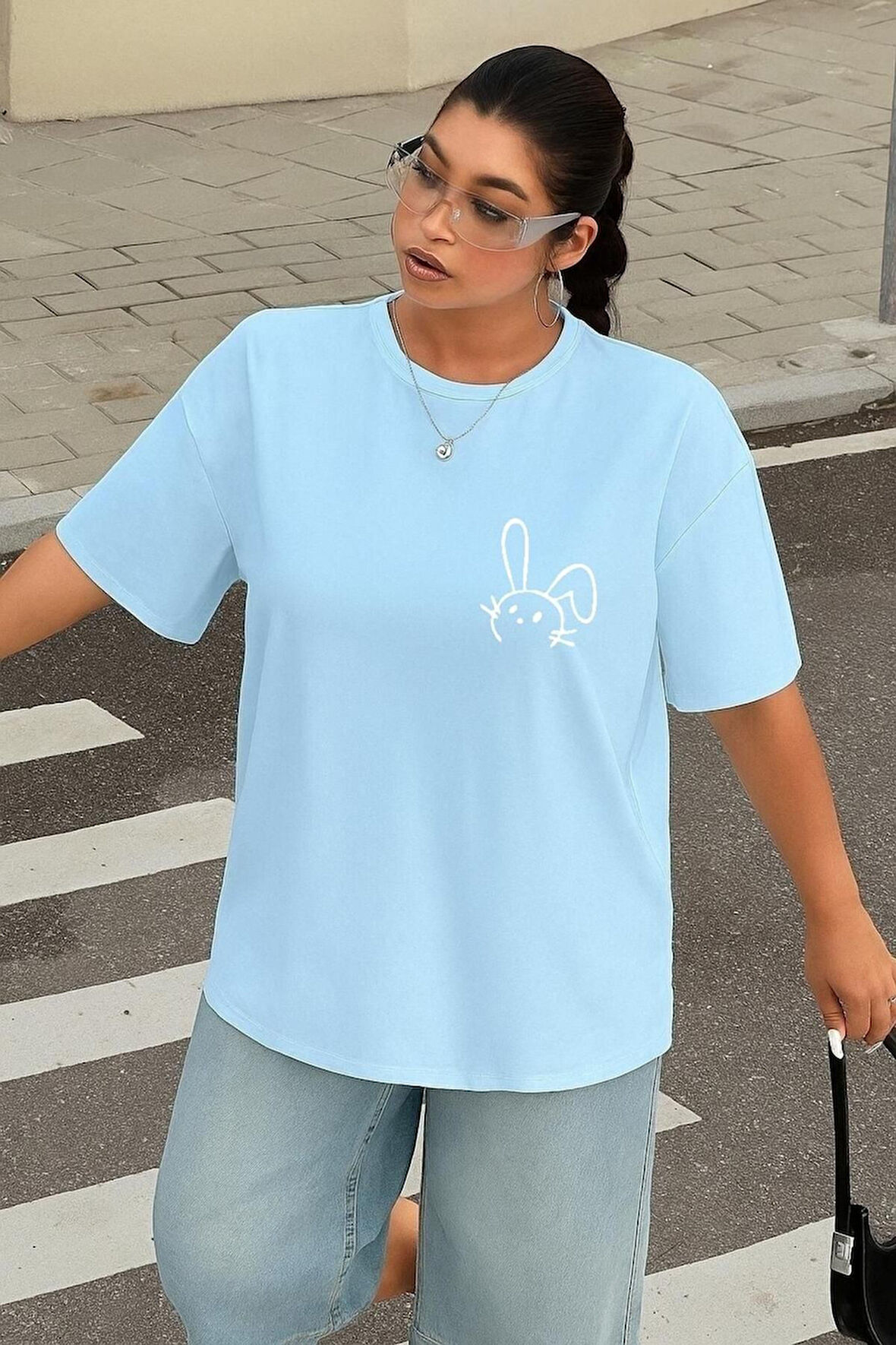 Büyük Beden Tavşan Baskılı Unisex Oversize Tişört