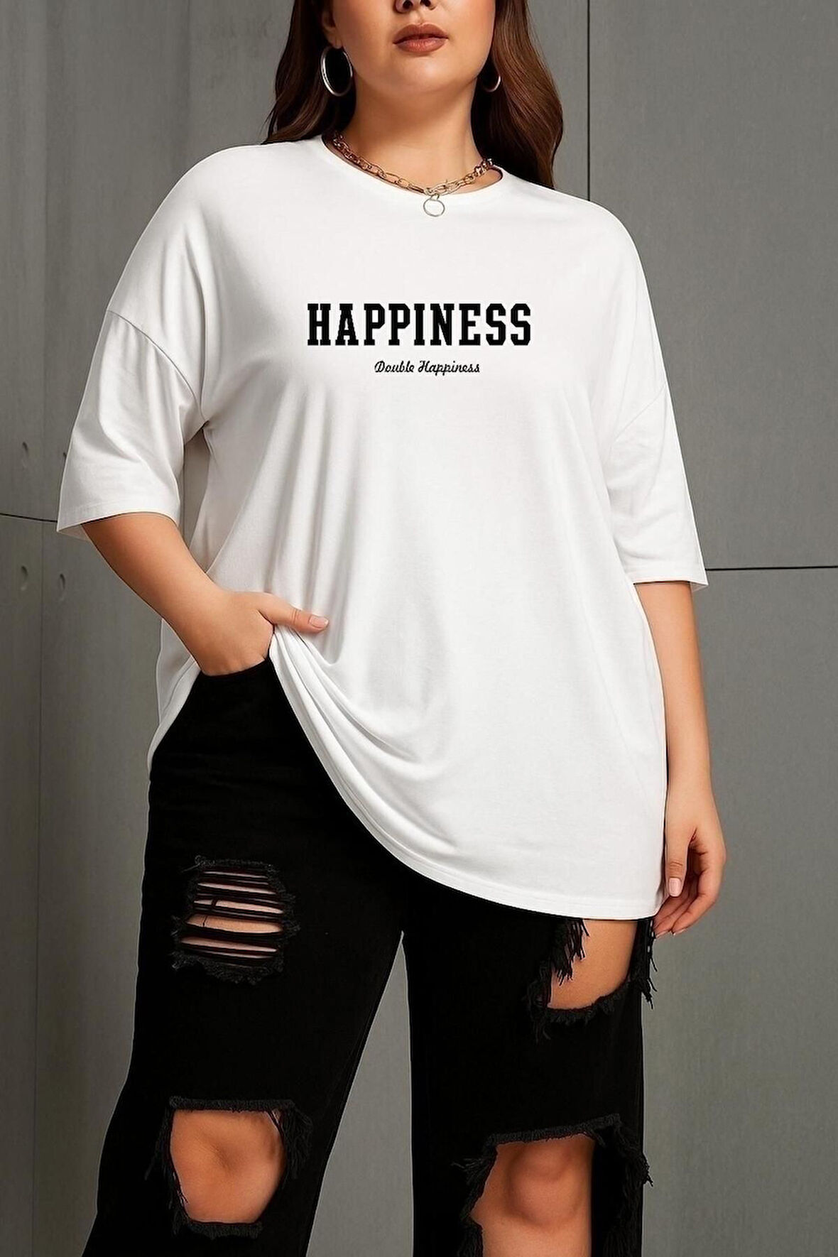 Büyük Beden Happiness Baskılı Unisex Oversize Tişört