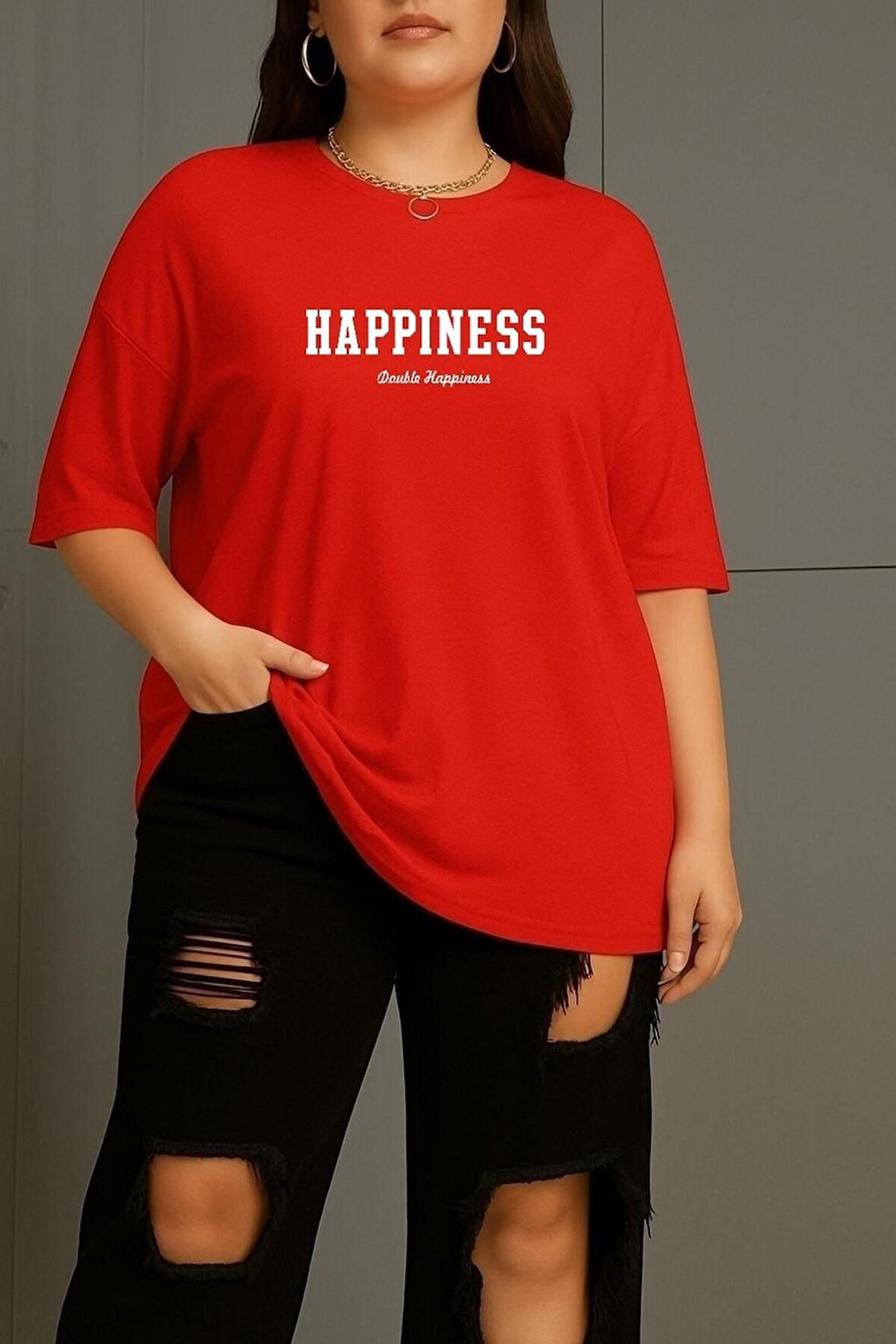 Büyük Beden Happiness Baskılı Unisex Oversize Tişört