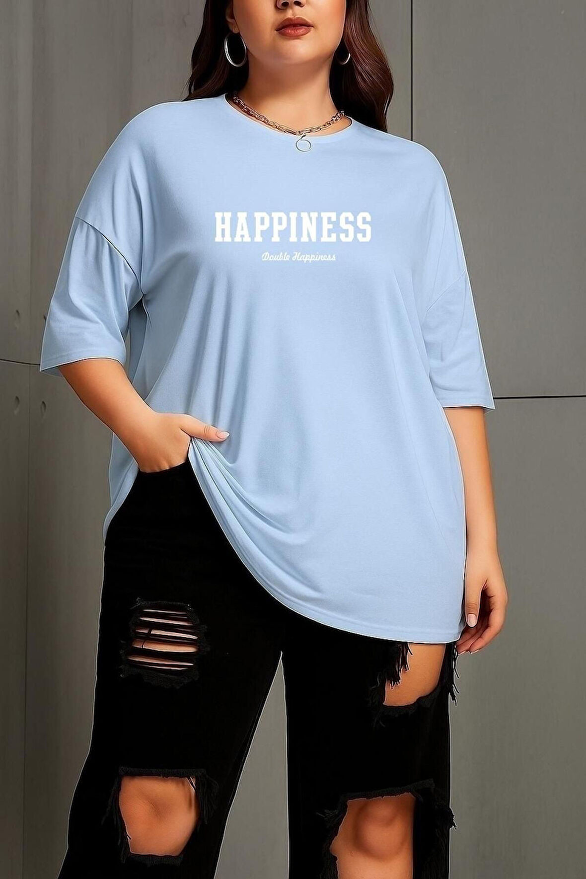 Büyük Beden Happiness Baskılı Unisex Oversize Tişört
