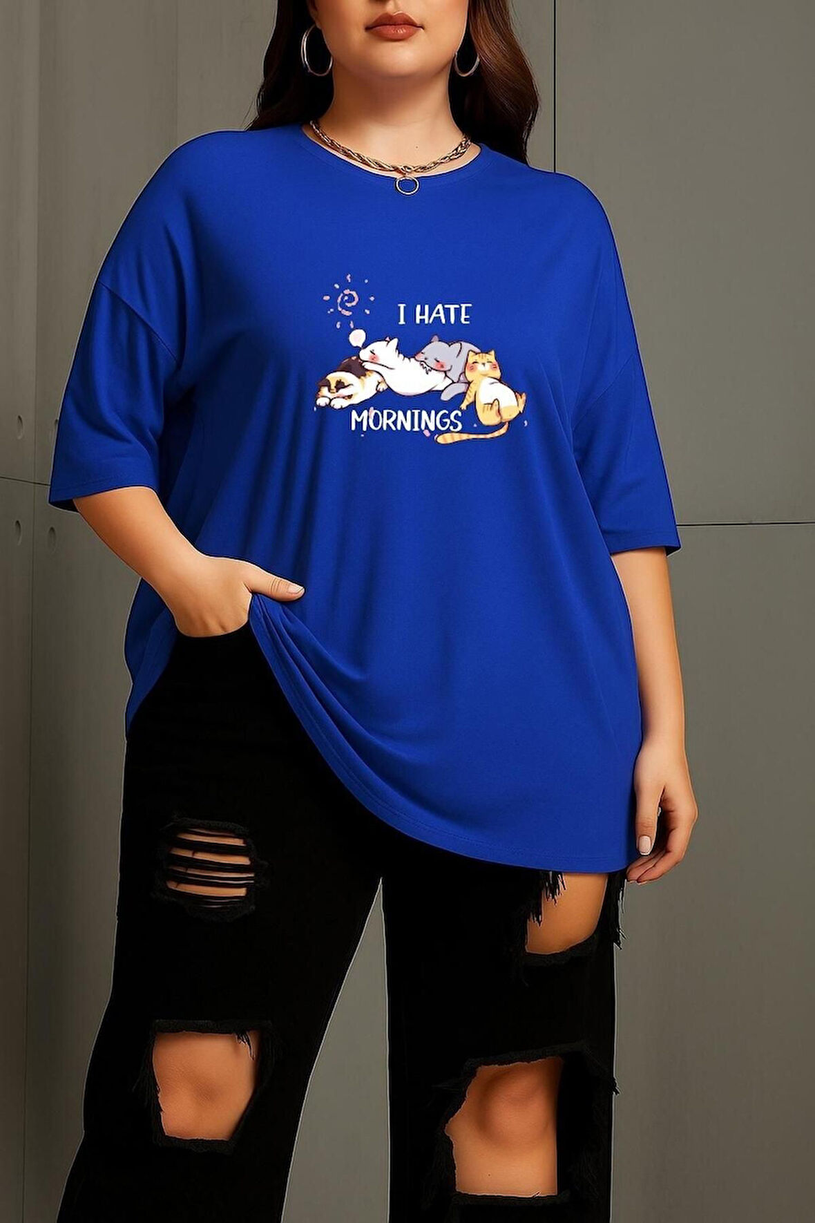 Büyük Beden Uyuyan Kediler Baskılı Unisex Oversize Tişört