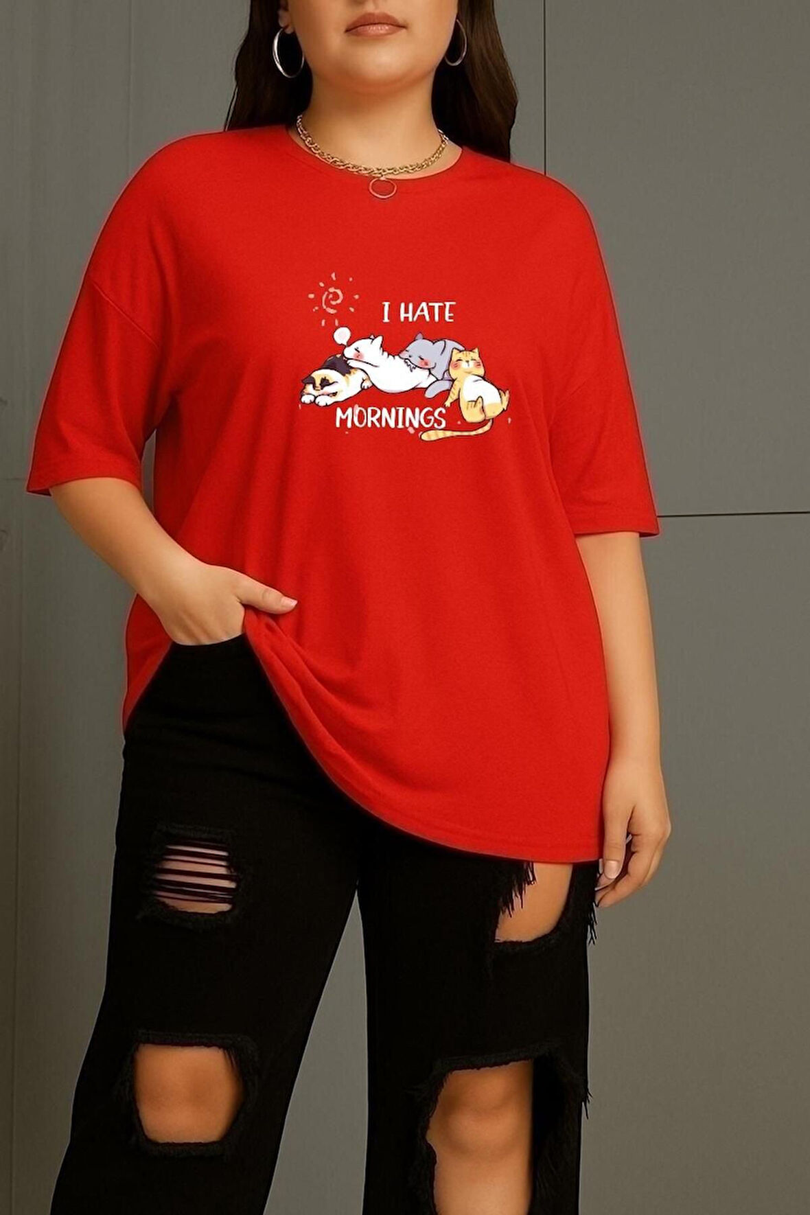 Büyük Beden Uyuyan Kediler Baskılı Unisex Oversize Tişört