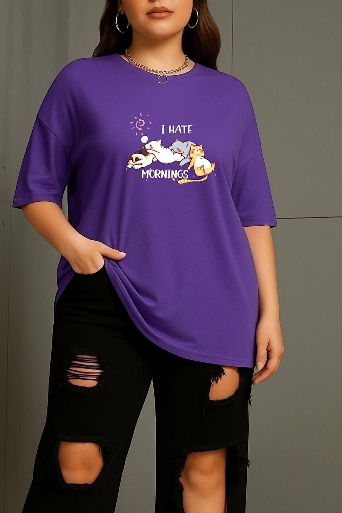 Büyük Beden Uyuyan Kediler Baskılı Unisex Oversize Tişört