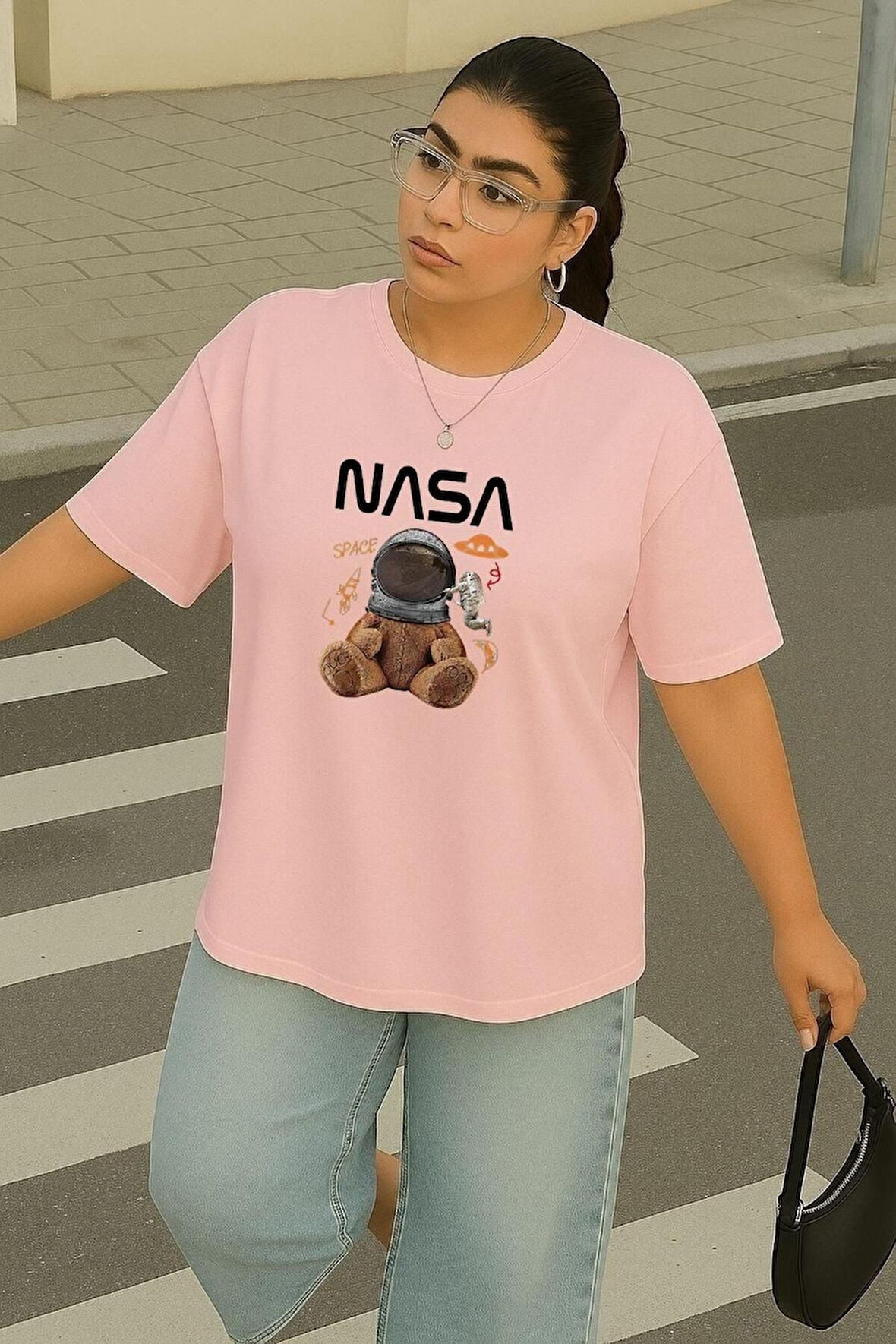 Büyük Beden Nasa Ayıcık Baskılı Unisex Oversize Tişört