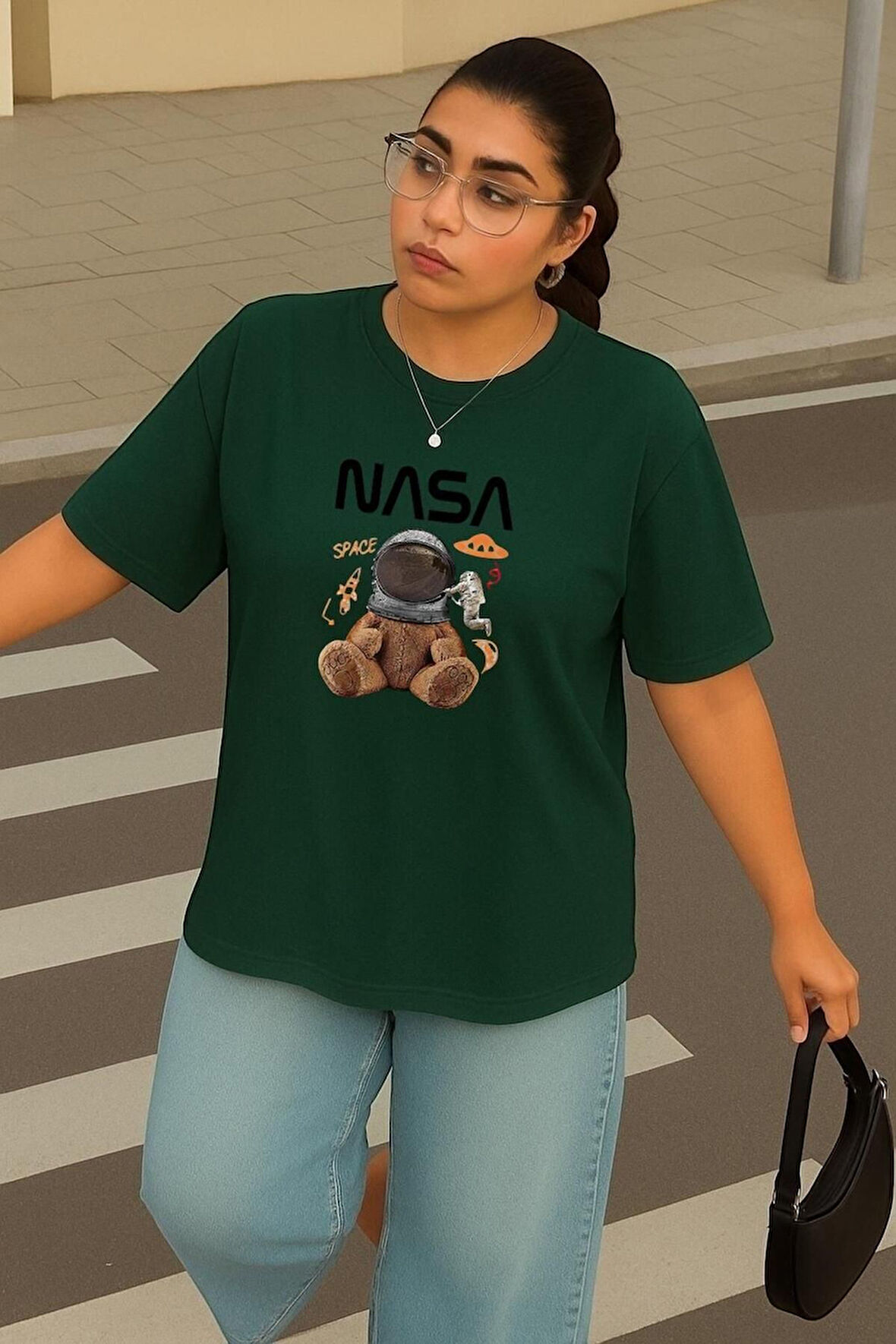 Büyük Beden Nasa Ayıcık Baskılı Unisex Oversize Tişört