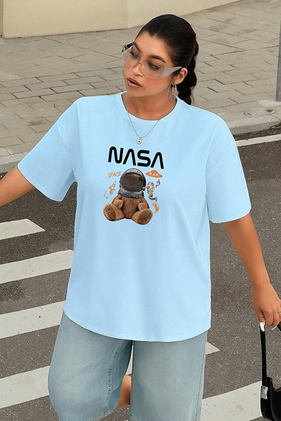 Büyük Beden Nasa Ayıcık Baskılı Unisex Oversize Tişört