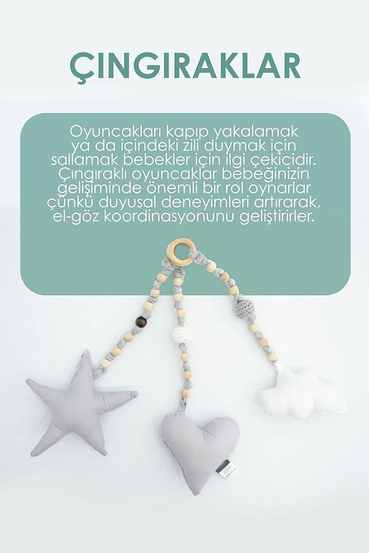 Bebekler Için 3 Adet Montessori Oyuncak, Handmade Çıngırak Oyuncak, Bebekler Için Diş Kaşıyıcı, Gri