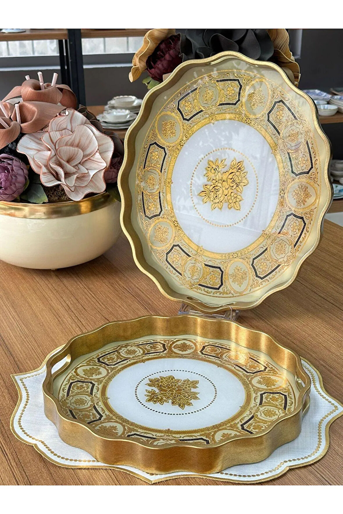 MD Mimoza Dekor Luxury 2'li Oval Ahşap Tepsi