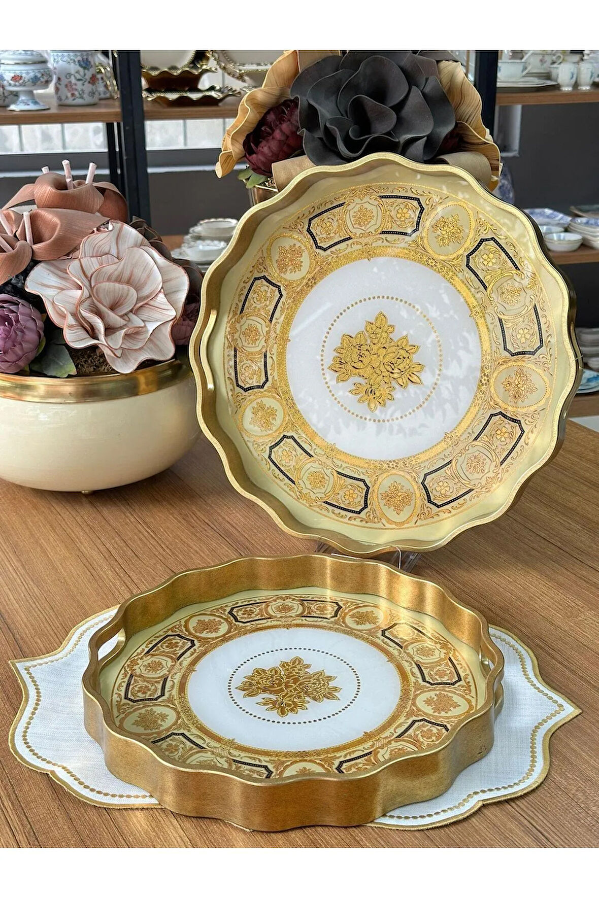 MD Mimoza Dekor Luxury 2'li Yuvarlak Ahşap Tepsi