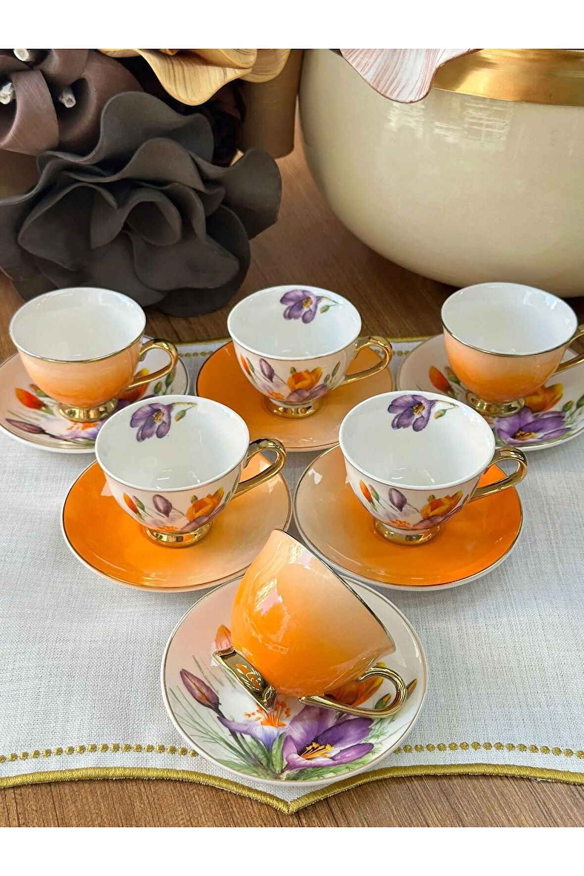 MD Mimoza Dekor Türk Kahve Fincanı Arancia 6 Kişilik 12 Parça