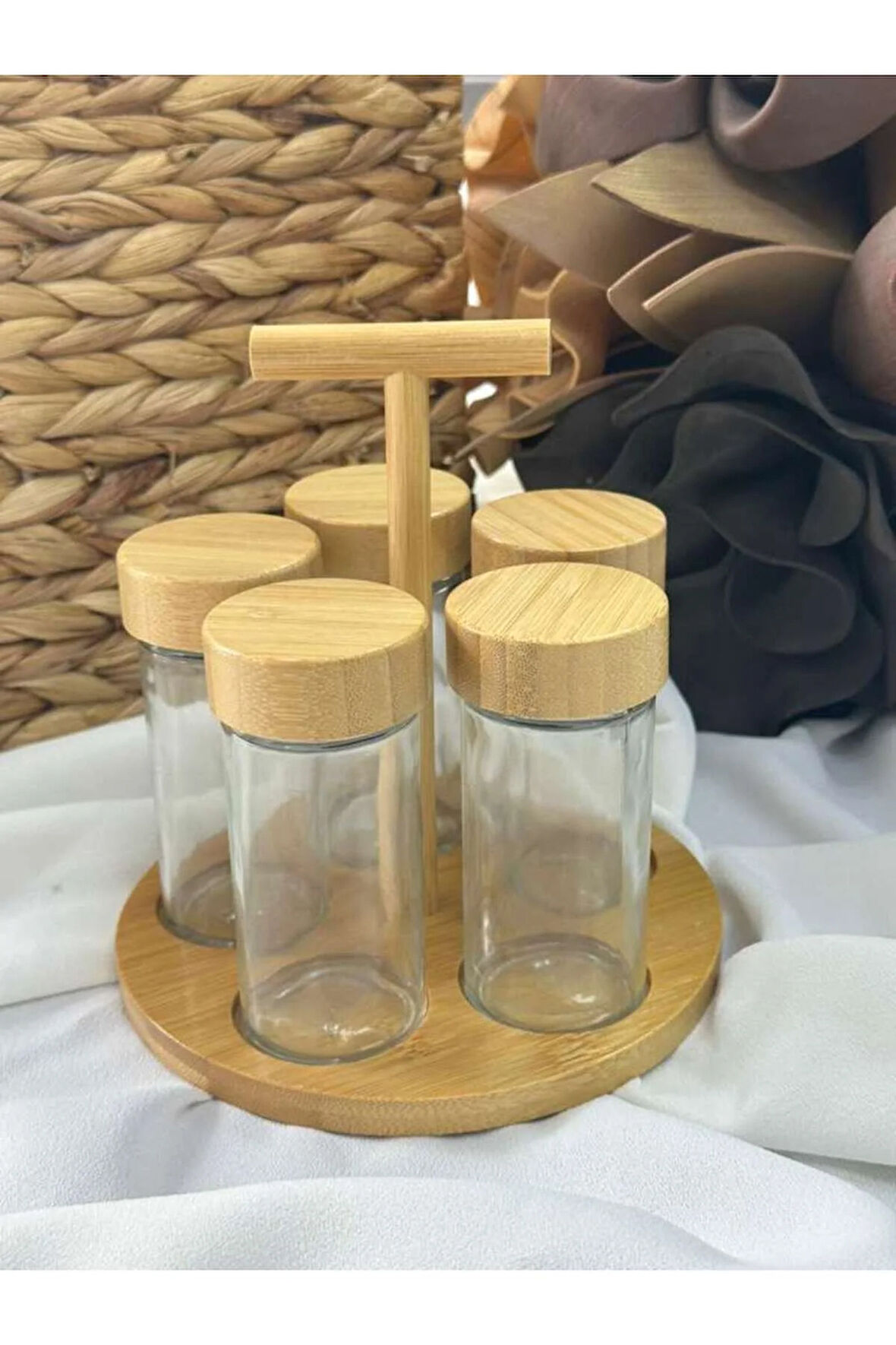 Bambu Standlı Kapalık 5'li Baharatlık / Düzen / Organizer
