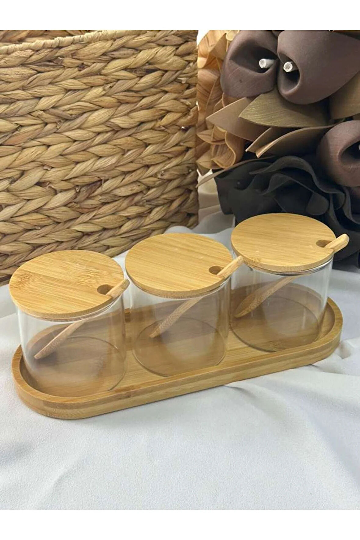 Bambu Cam 3'lü Reçellik / Baharatlık / Şekerlik / Organizer / Düzenleyici