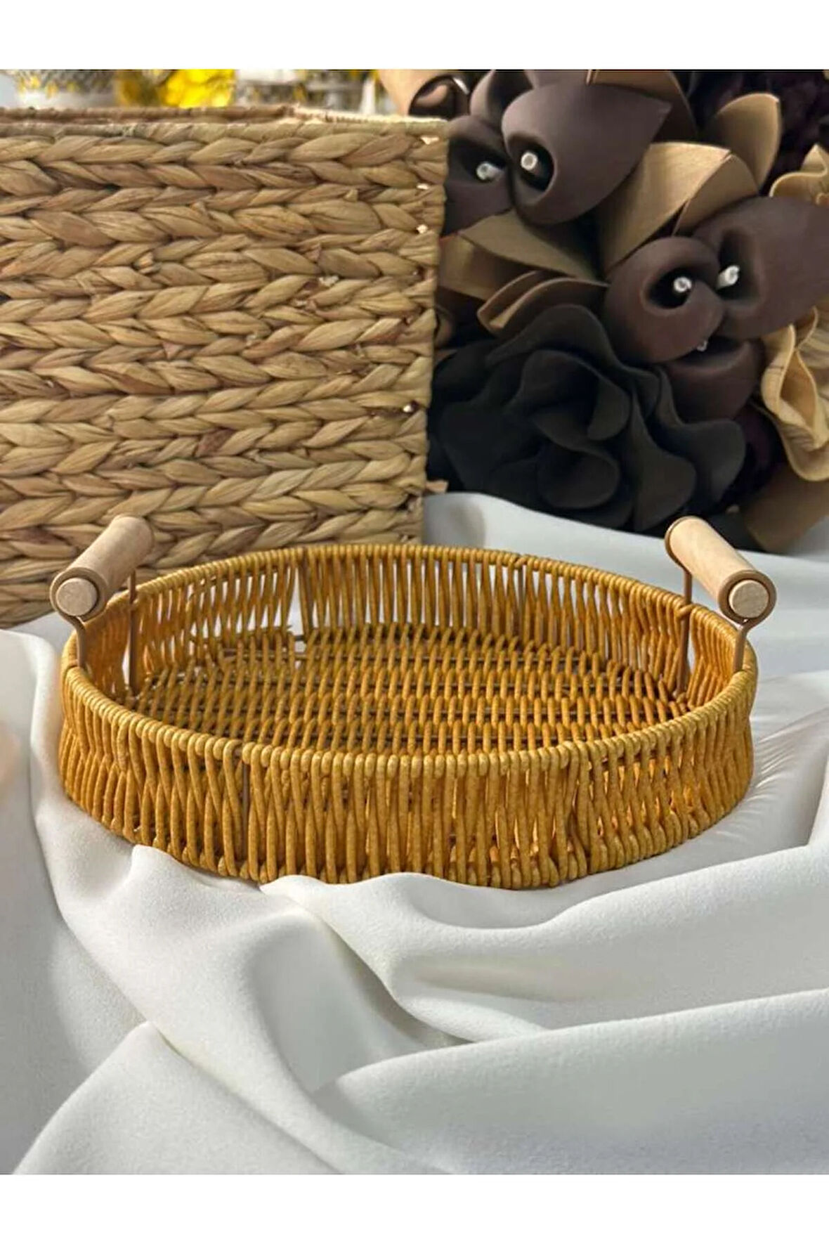 Bambu Hasır Yuvarlak Organizer Tepsi / Sunum / Düzen 24x24x4cm