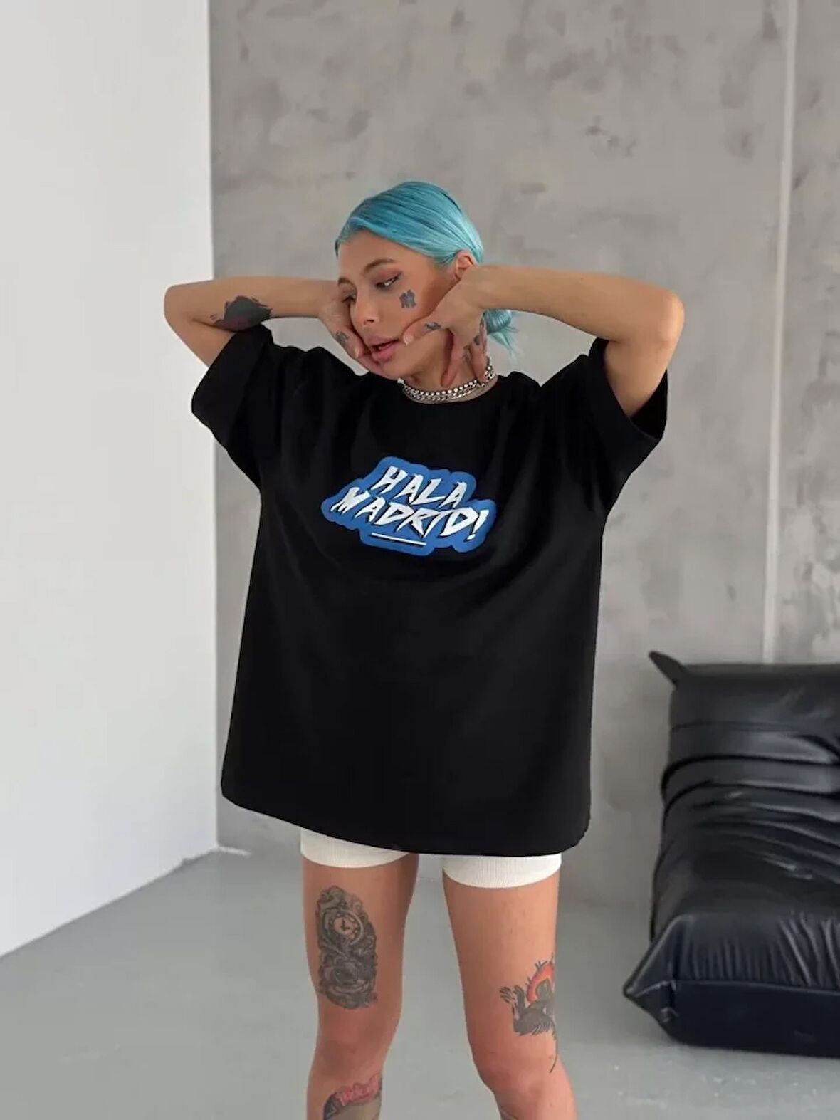 Unisex Bisiklet Yaka Baskılı Oversize T-Shirt - Siyah