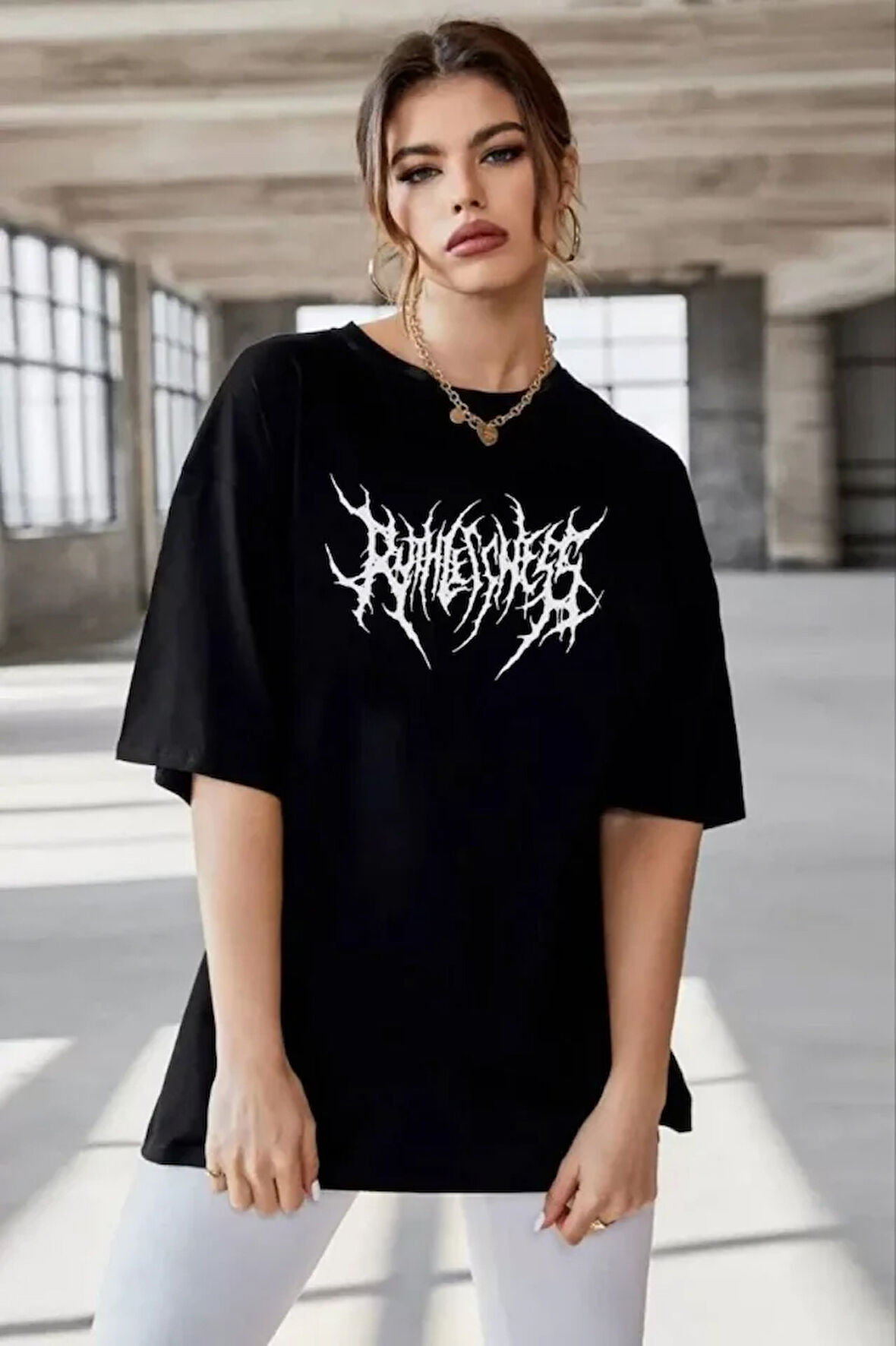 Unisex Bisiklet Yaka Baskılı Oversize T-Shirt - Siyah