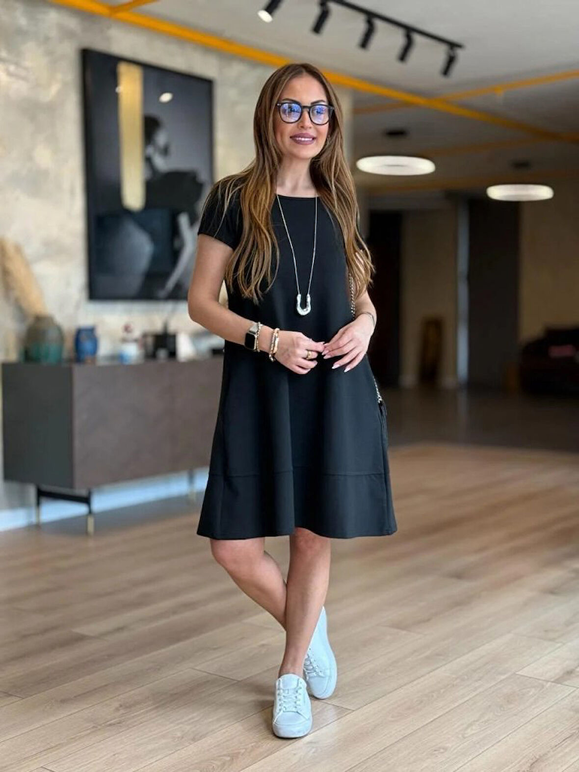 Kadın Kısa Kollu Bisiklet Yaka Cepli Viskon Iki Iplik Elbise