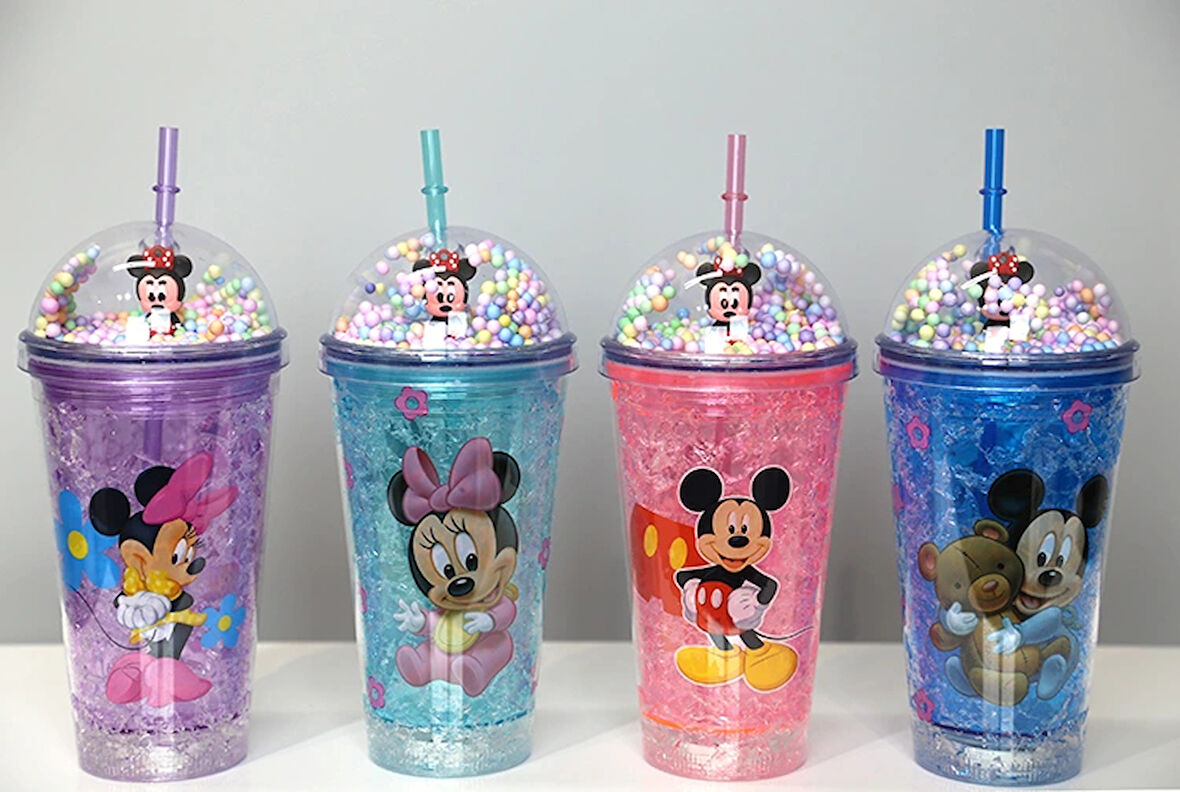 MDB Sevimli Mickey Mouse Pipetli Işıklı Boncuklu Suluk Bardak 400 ml