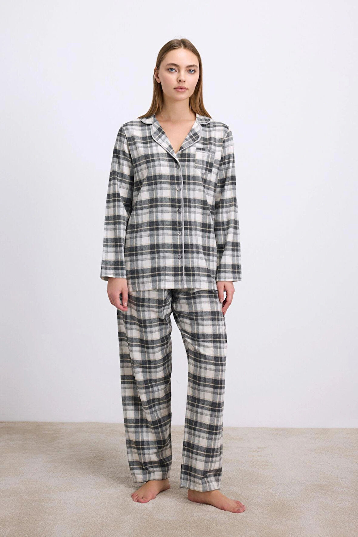 MDB MdbShop Kareli Flanel Görünümlü Uzun Kollu 2li Pijama Takımı