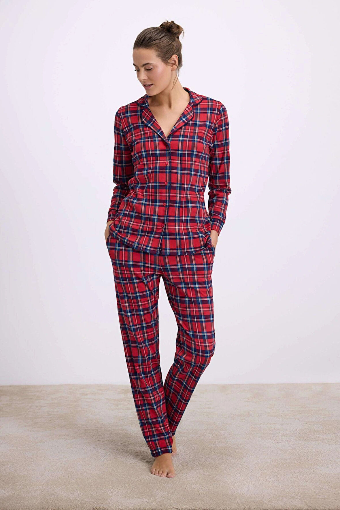 MDB %100 Pamuklu Uzun Kol Düğmeli Gömlek ve Ekose Pantolon Pijama Takımı