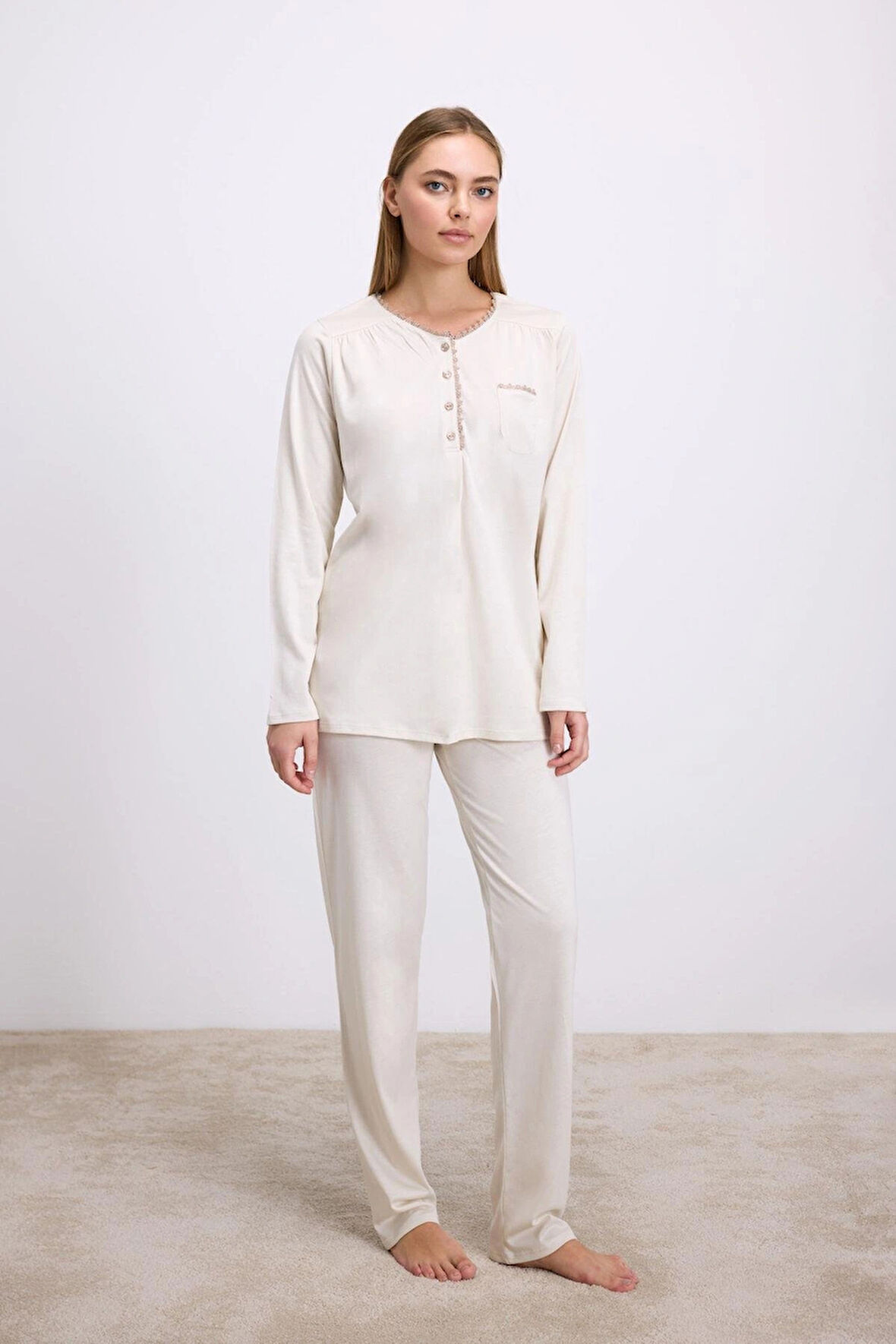 MDB MdbShop Fil Dişi Modal Pamuklu Uzun Kollu Düğmeli 2li Pijama Takımı