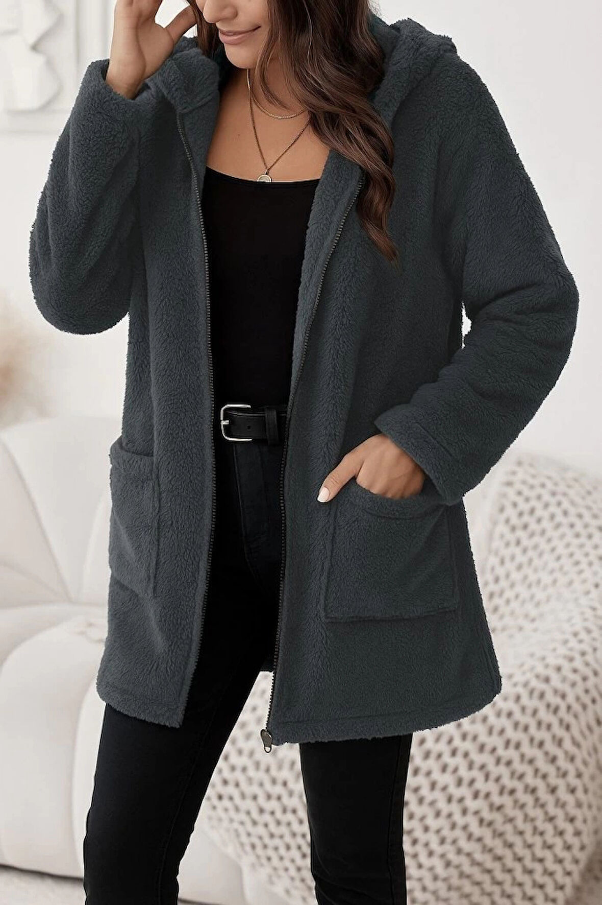 MDB Kadın Uzun Kollu Kapşonlu önden Fermuarlı Cepli Welsoft Ceket