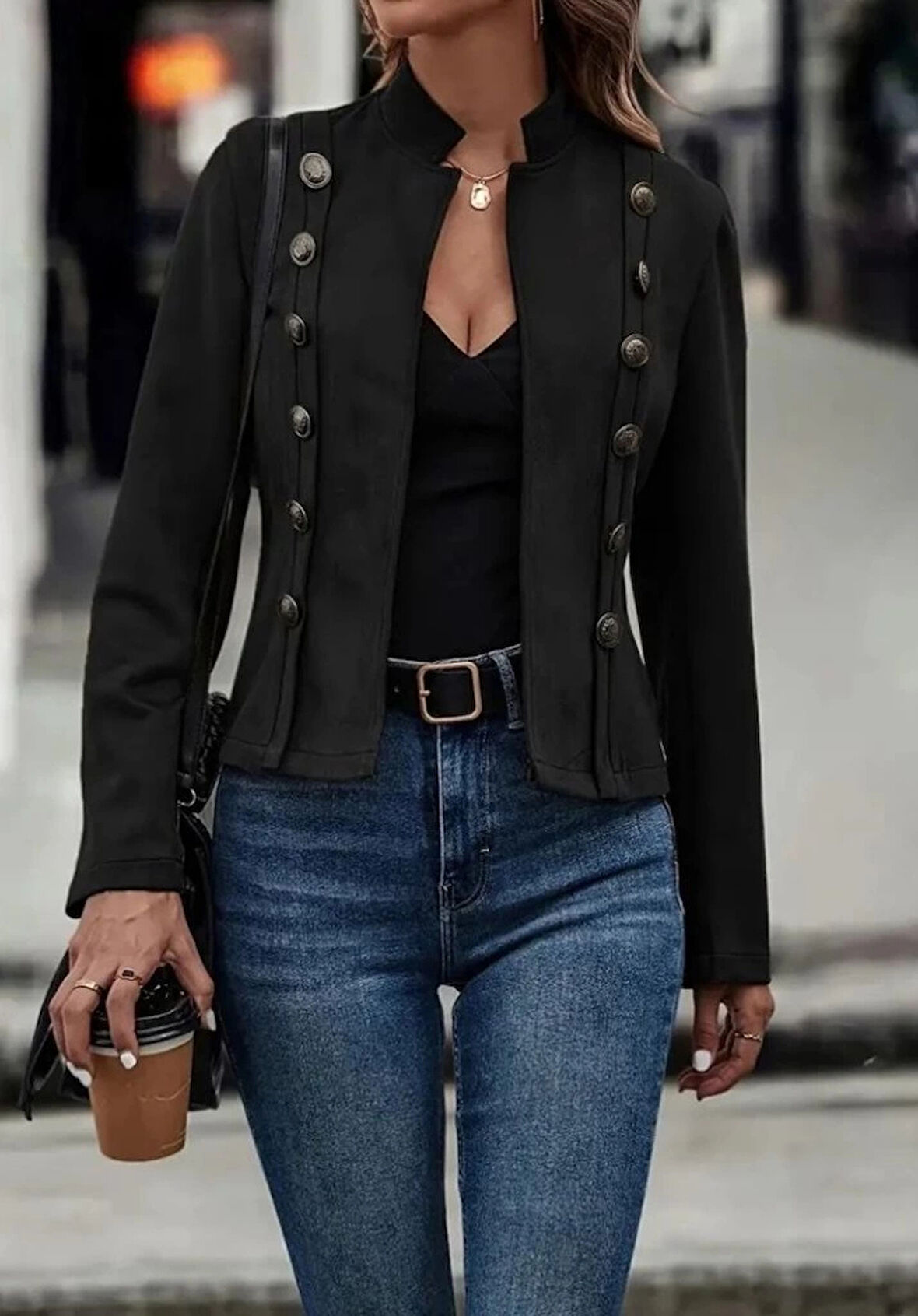 MDB Kadın Uzun Kollu Hakim Yaka Yanlardan Düğmeli Kısa Süet Ceket